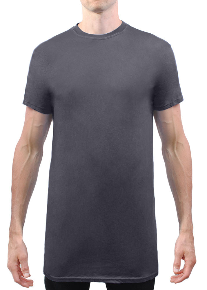 Tall male model 6,6 wearing a large asphalt Have It Tall extra long soft blend t shirt against a white background