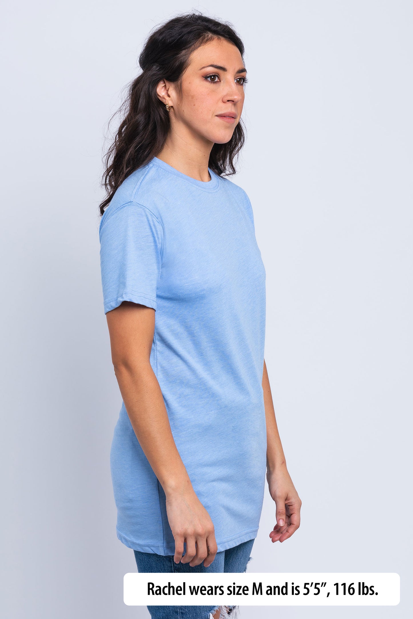 Have It Tall Fashion Fit Tall T Shirt worn by a female model (5'5" tall) wearing a size medium standing against a blank background.