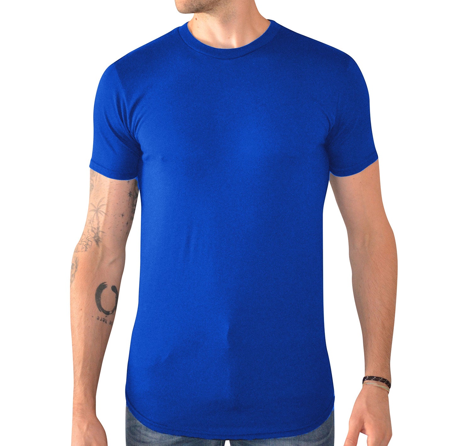 Tall Male model 6,4 wearing a small Cobalt Have It Tall T shirt with curved hem against a white background