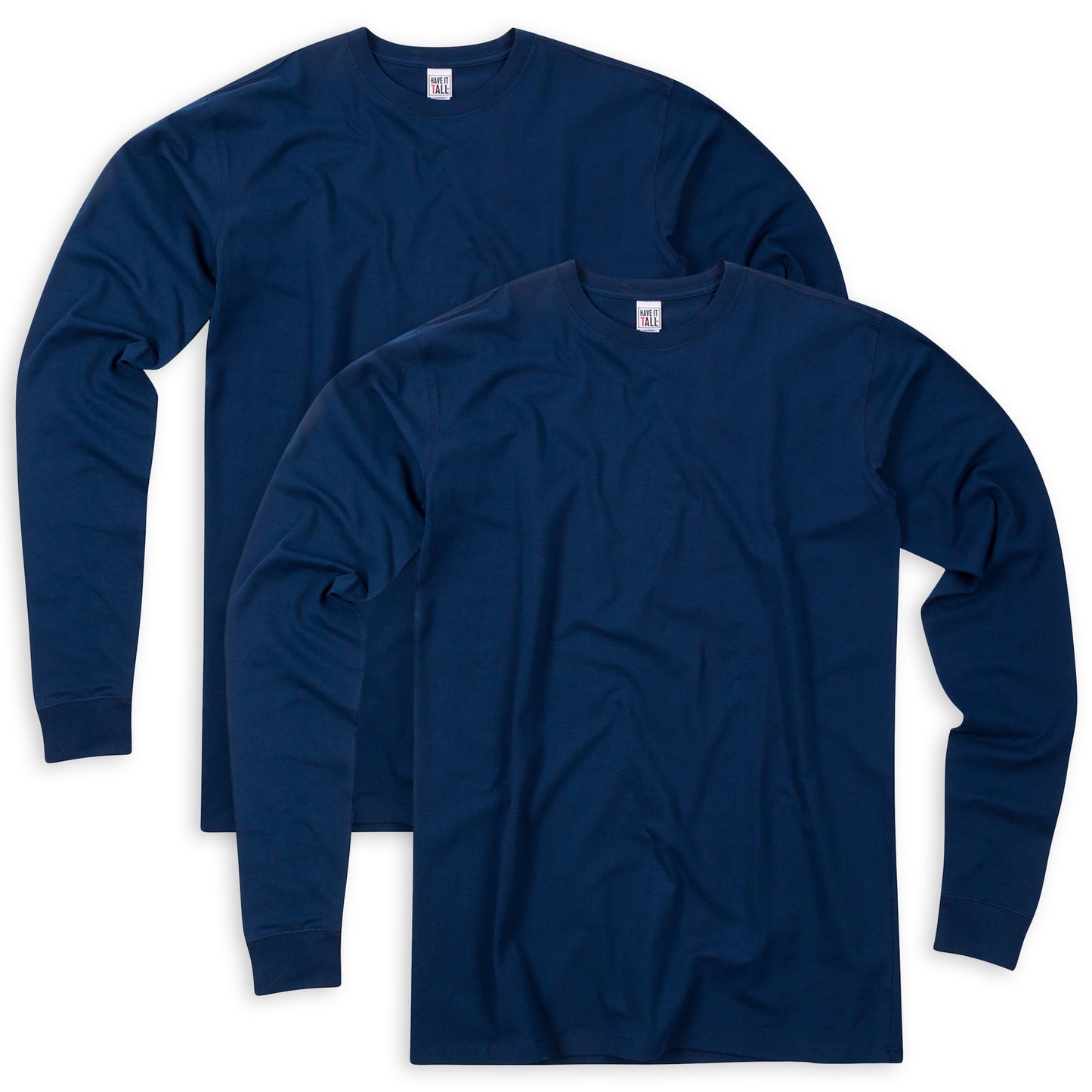 Have It Tall Long Sleeve T-Shirt - Cotton/Spandex 4 Way Stretch 2 Pack in color navy against a white background