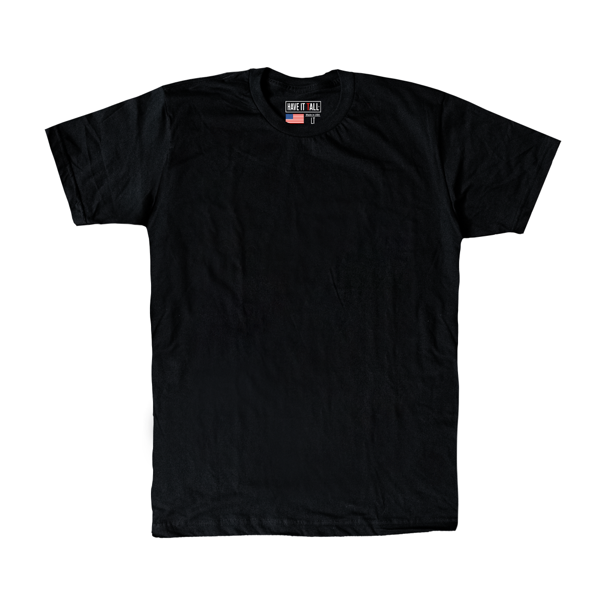 Have It Tall made in USA T shirt in black 100% cotton luxury soft tee for tall men and women against a white background