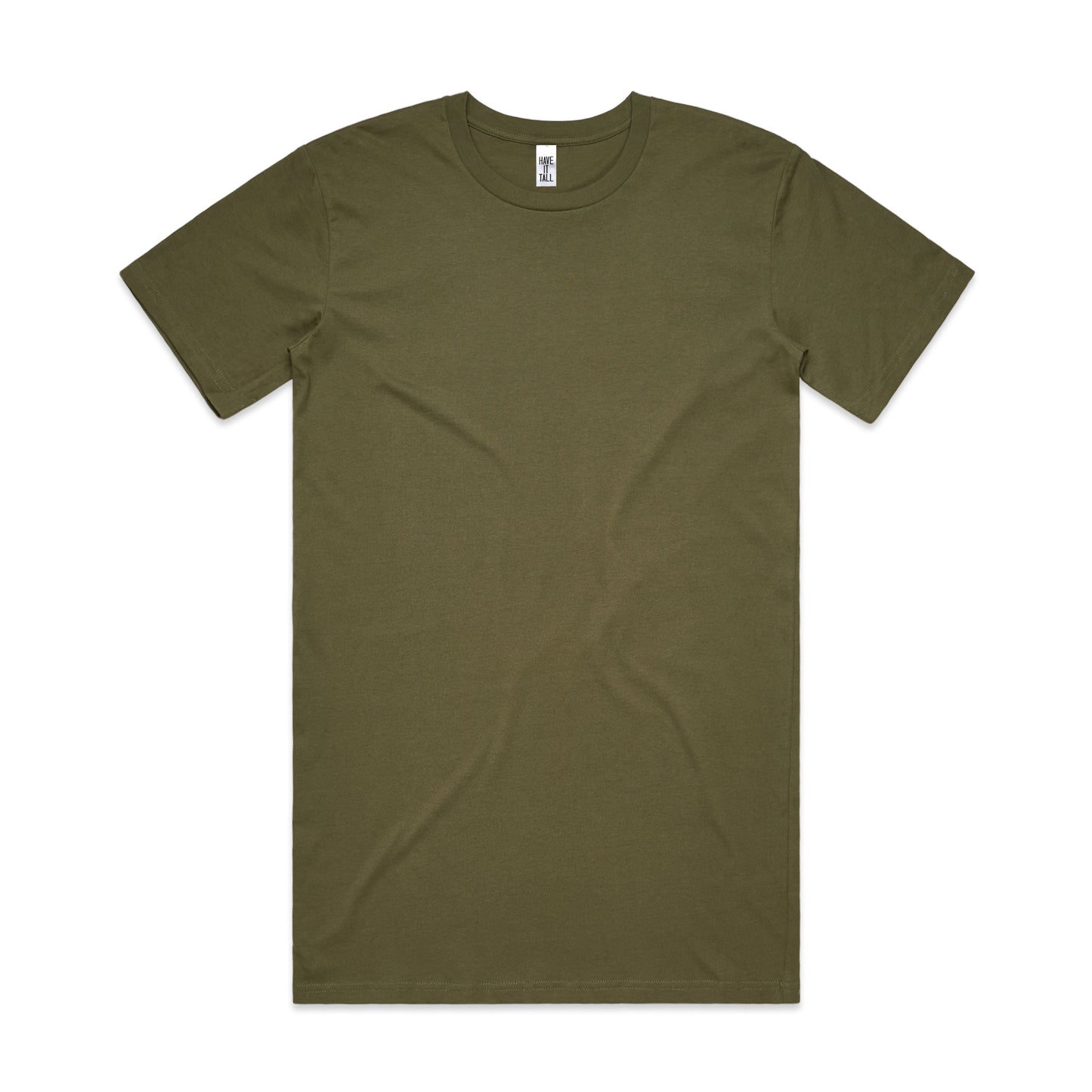 Have It Tall Brand Extra Long Tall 100% Cotton Luxury Medium weight mens t-shirt in color Army against a white background.