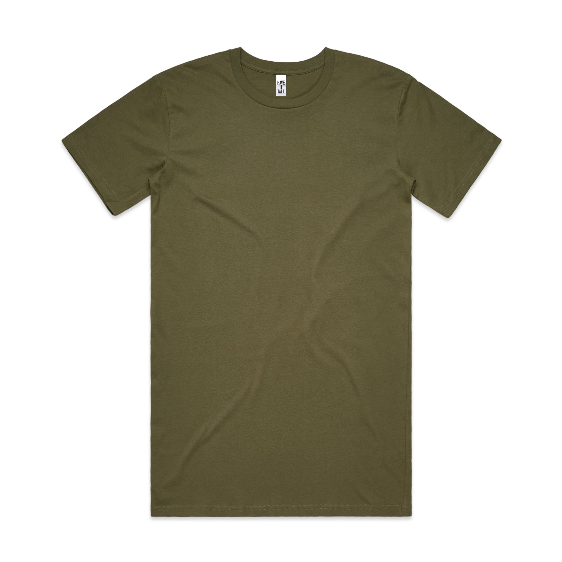Have It Tall Brand Extra Long Tall 100% Cotton Luxury Medium weight mens t-shirt in color Army against a white background.