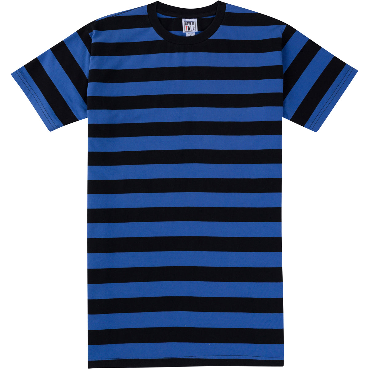 Have It Tall comfortable quality T shirt in color Blue with Black stripes against a white background