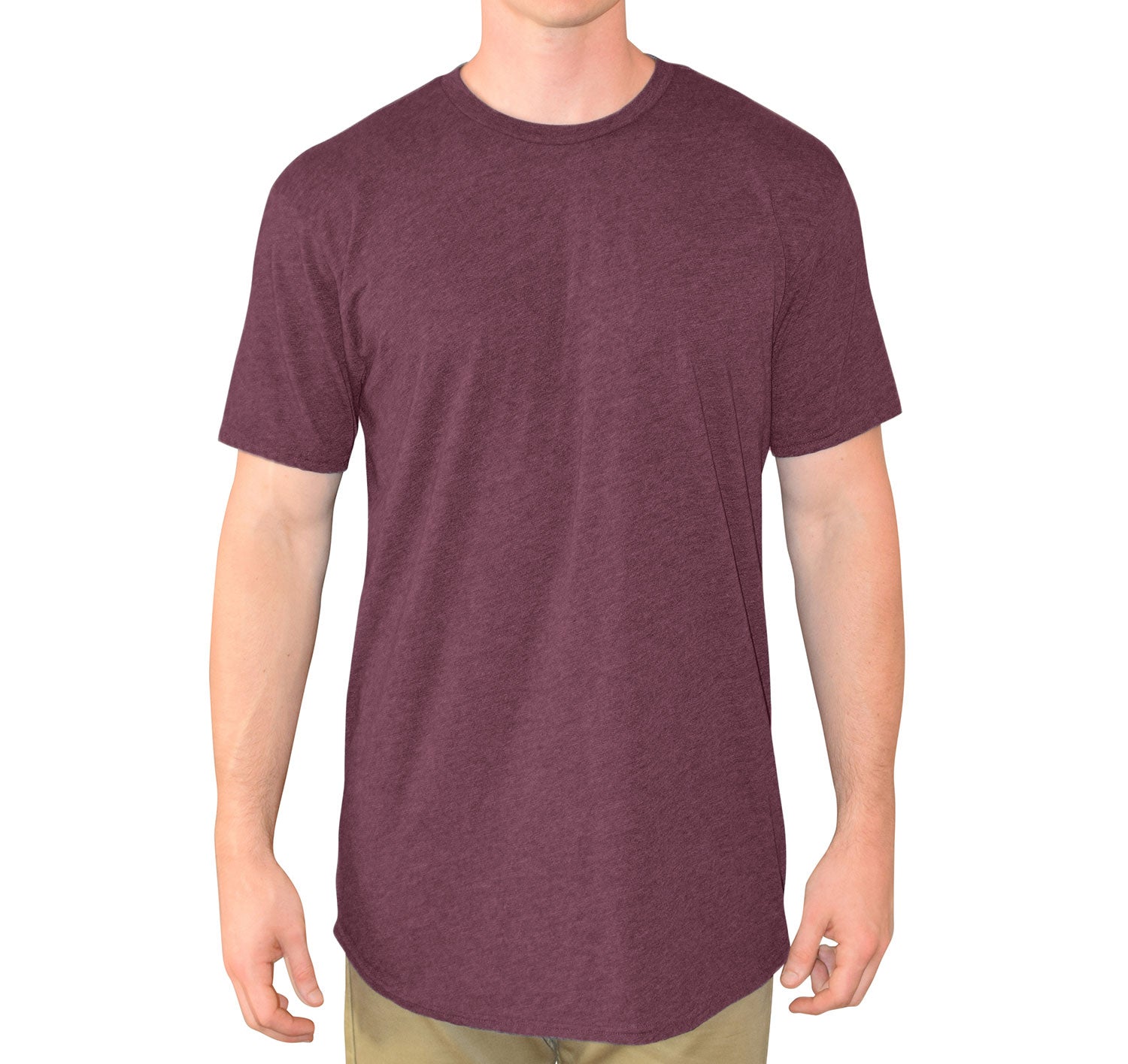 Tall Male model 6,2 wearing a medium heather burgundy Have It Tall T shirt with curved hem against a white background