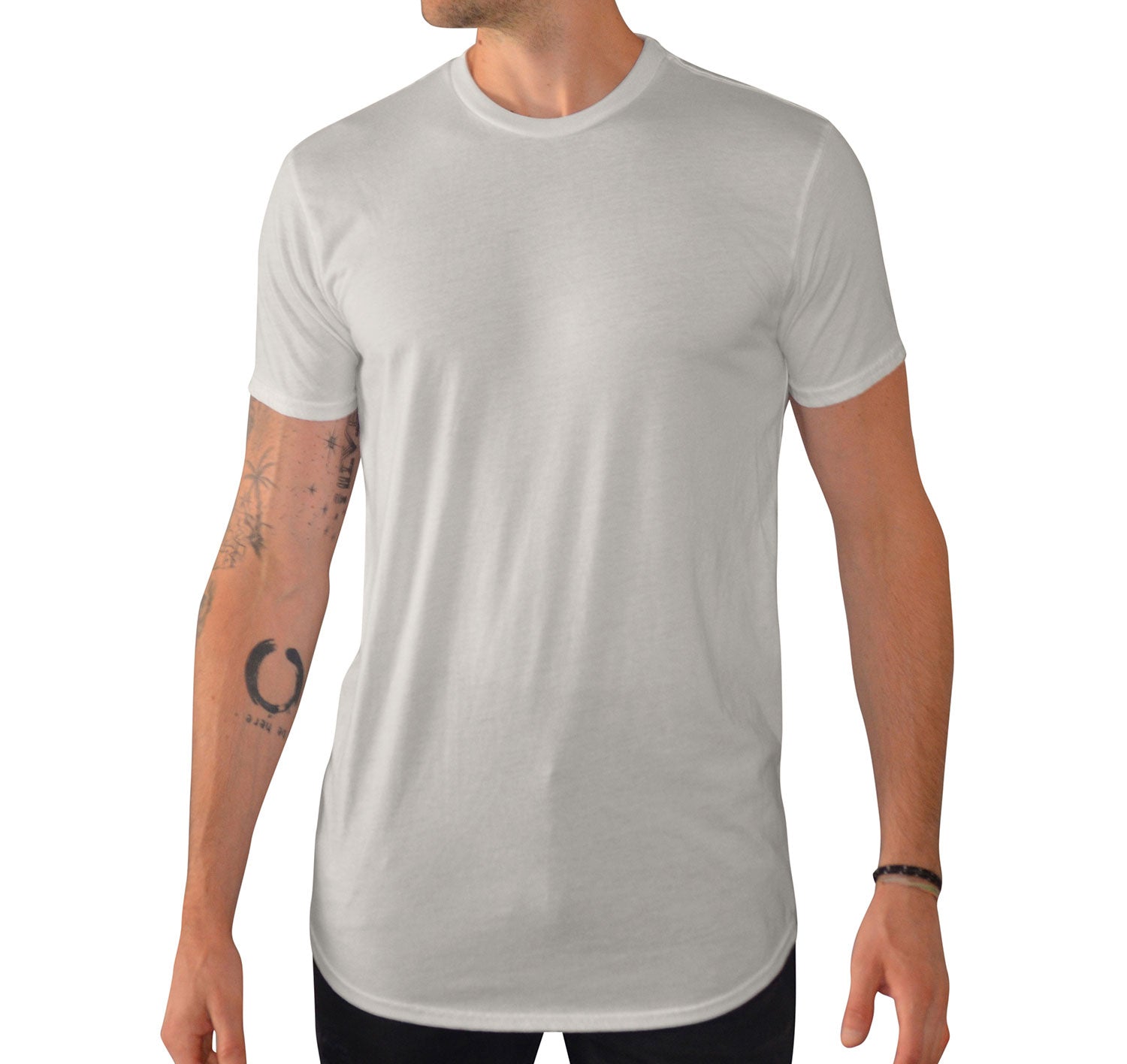 Tall Male model 6,4 wearing a small Ivory Have It Tall T shirt with curved hem against a white background