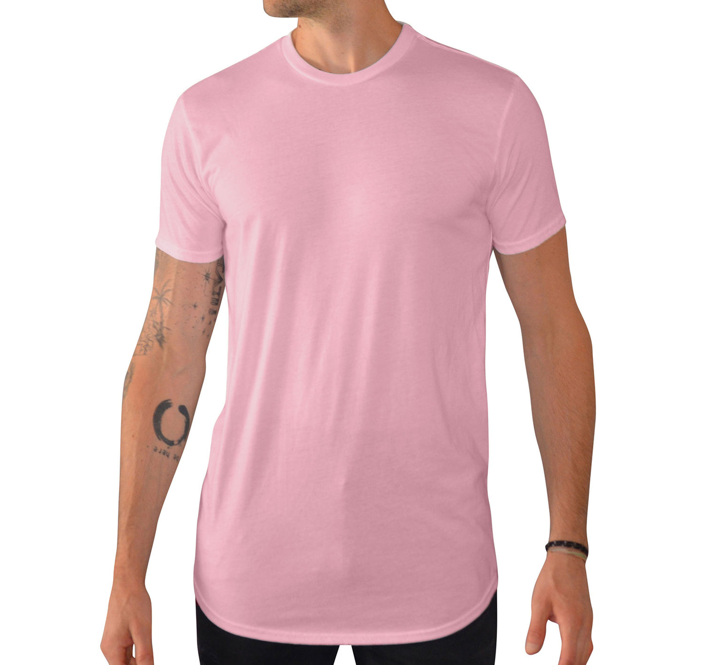 Tall Male model 6,4 wearing a small Rose pink Have It Tall T shirt with curved hem against a white background