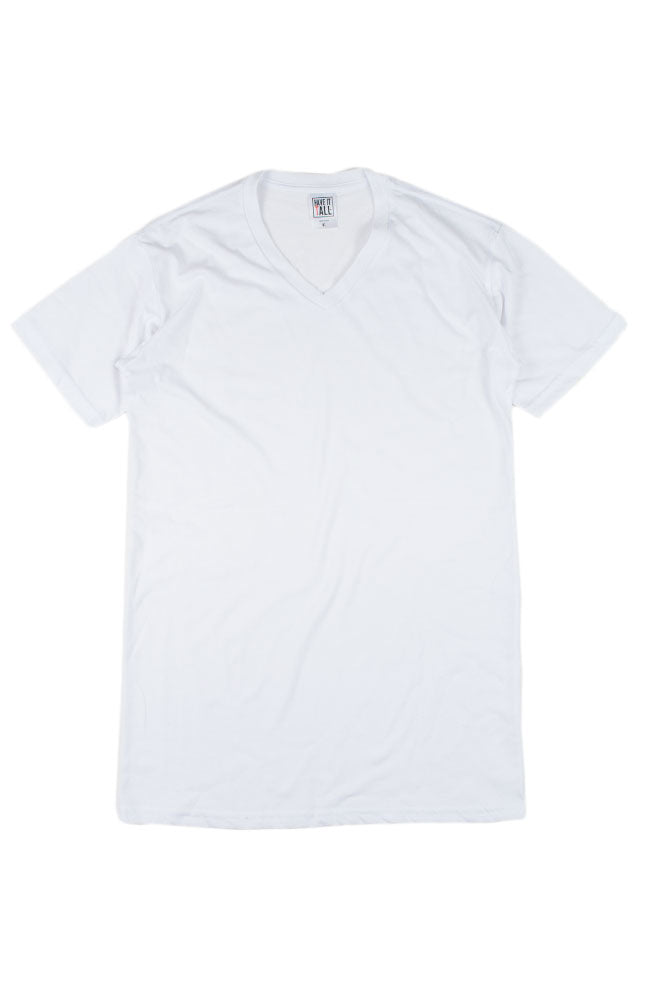 Have It Tall V neck T shirt for men and women in color White luxury soft Tee against a white background.