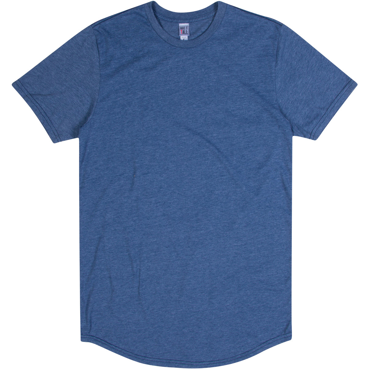 Have It Tall Curved bottom hem t shirt in color Heather Blue soft tee against a white background