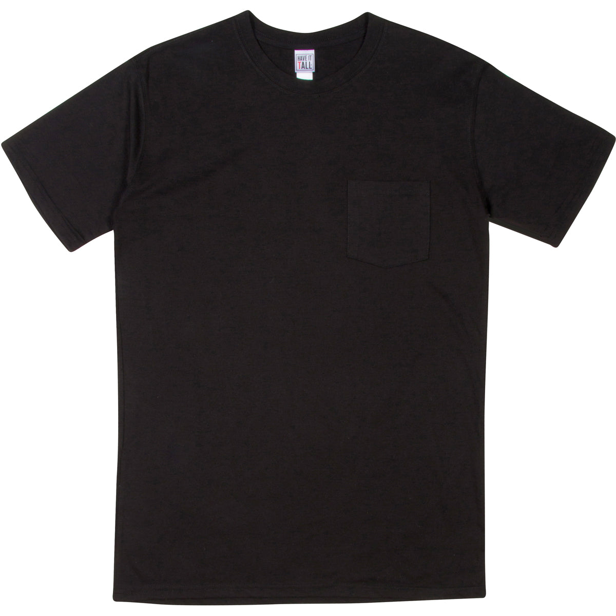 Have It Tall soft blend Black T shirt with front pocket luxury long tee shirt against a white background