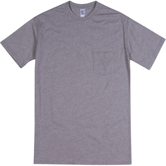 Have It Tall soft blend Light Heather T shirt with front pocket luxury long tee shirt against a white background