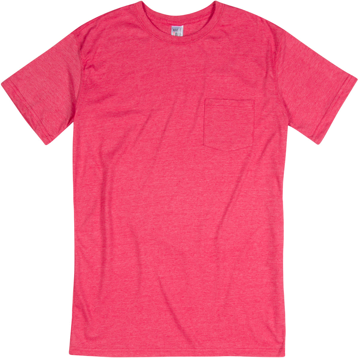Have It Tall soft blend Heather Red T shirt with front pocket luxury long tee shirt against a white background