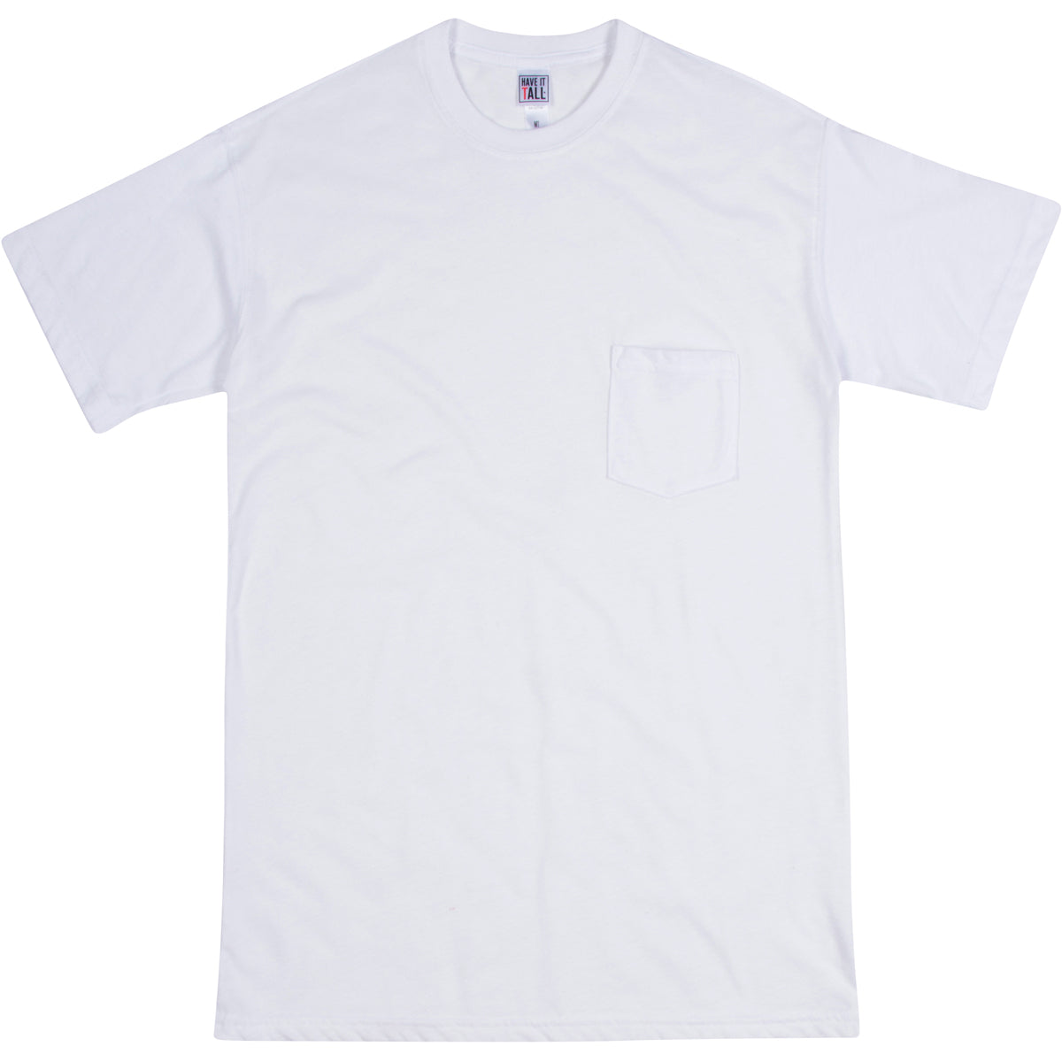 Have It Tall soft blend White T shirt with front pocket luxury long tee shirt against a white background