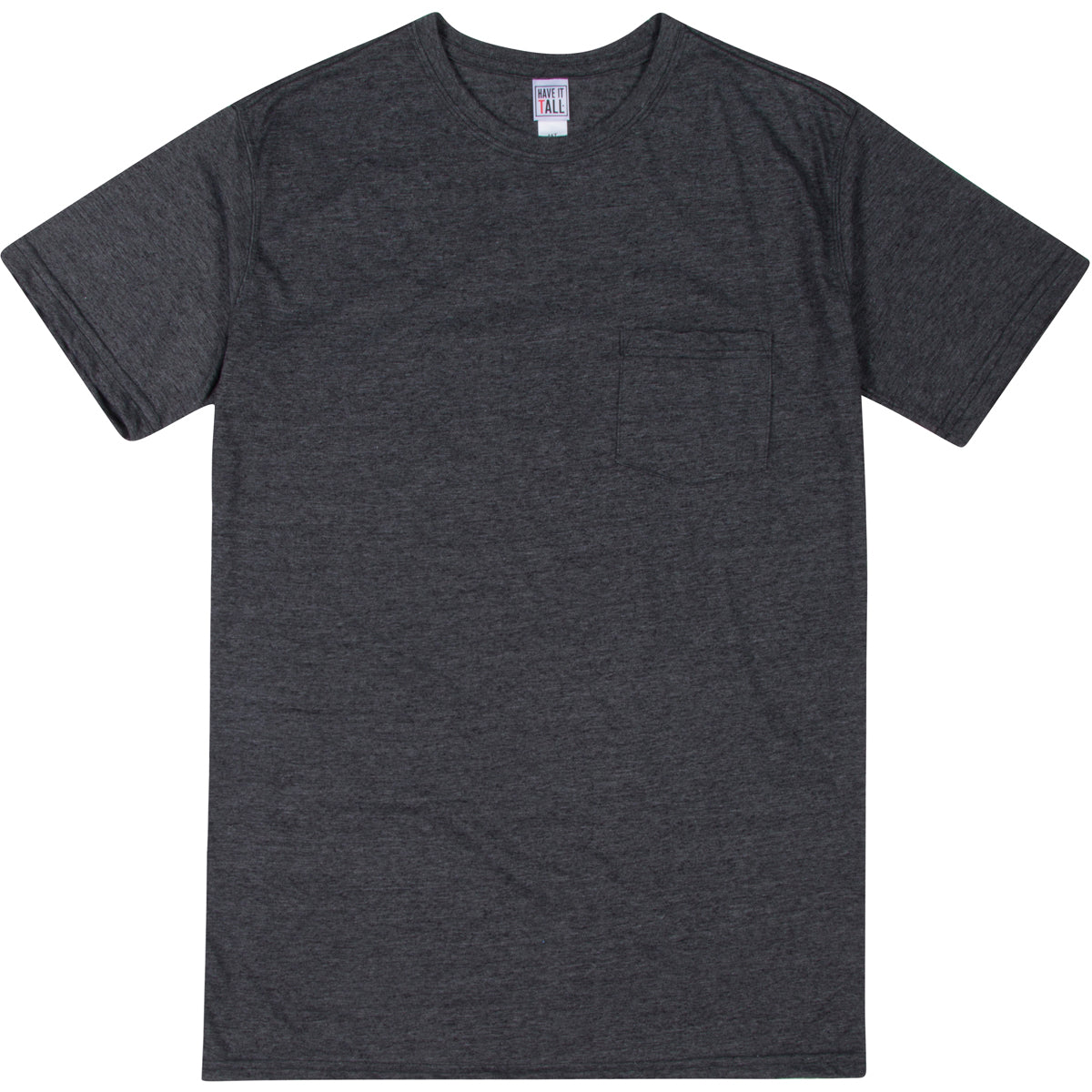 Have It Tall soft blend Dark Heather T shirt with front pocket luxury long tee shirt against a white background