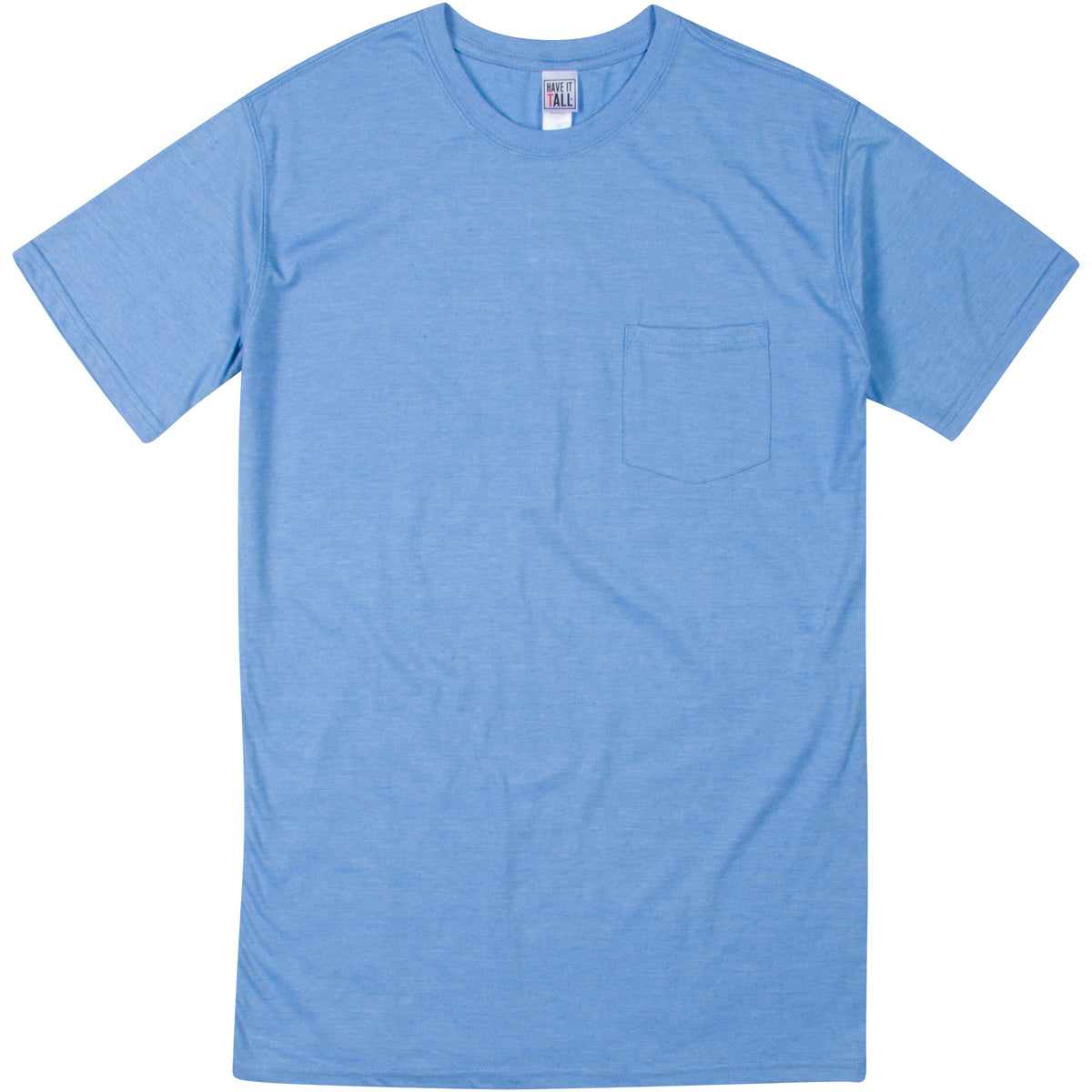 Have It Tall soft blend Sky blue T shirt with front pocket luxury long tee shirt against a white background