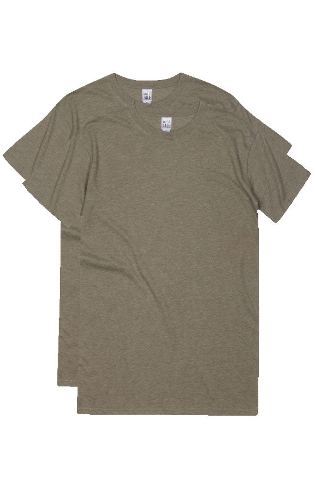 Have It Tall soft blend fitted Heather Olive Drab T shirt luxury long 2 pack tee shirt against a white background
