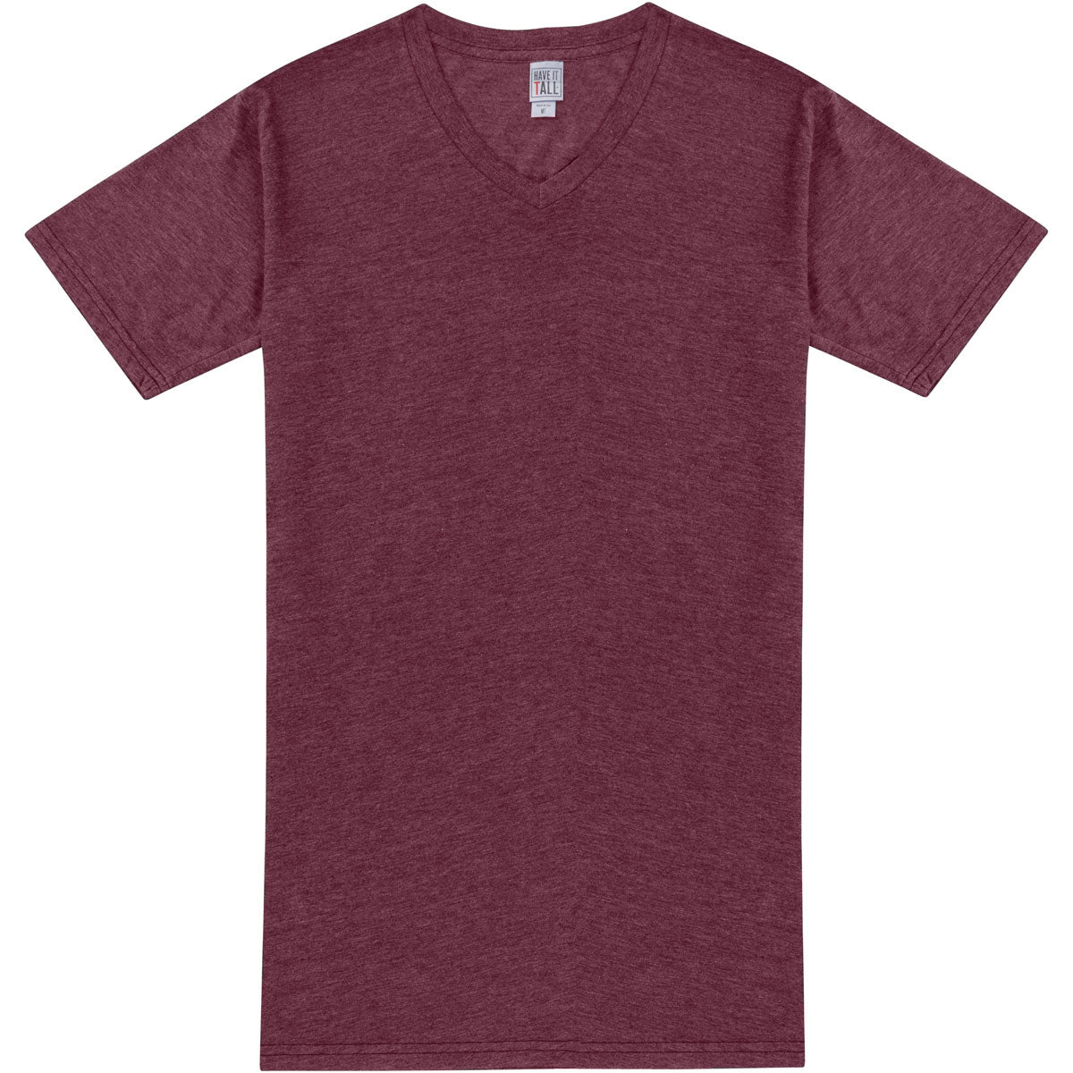 Have It Tall V neck T shirt for men and women in color Heather Burgundy luxury soft Tee against a white background.