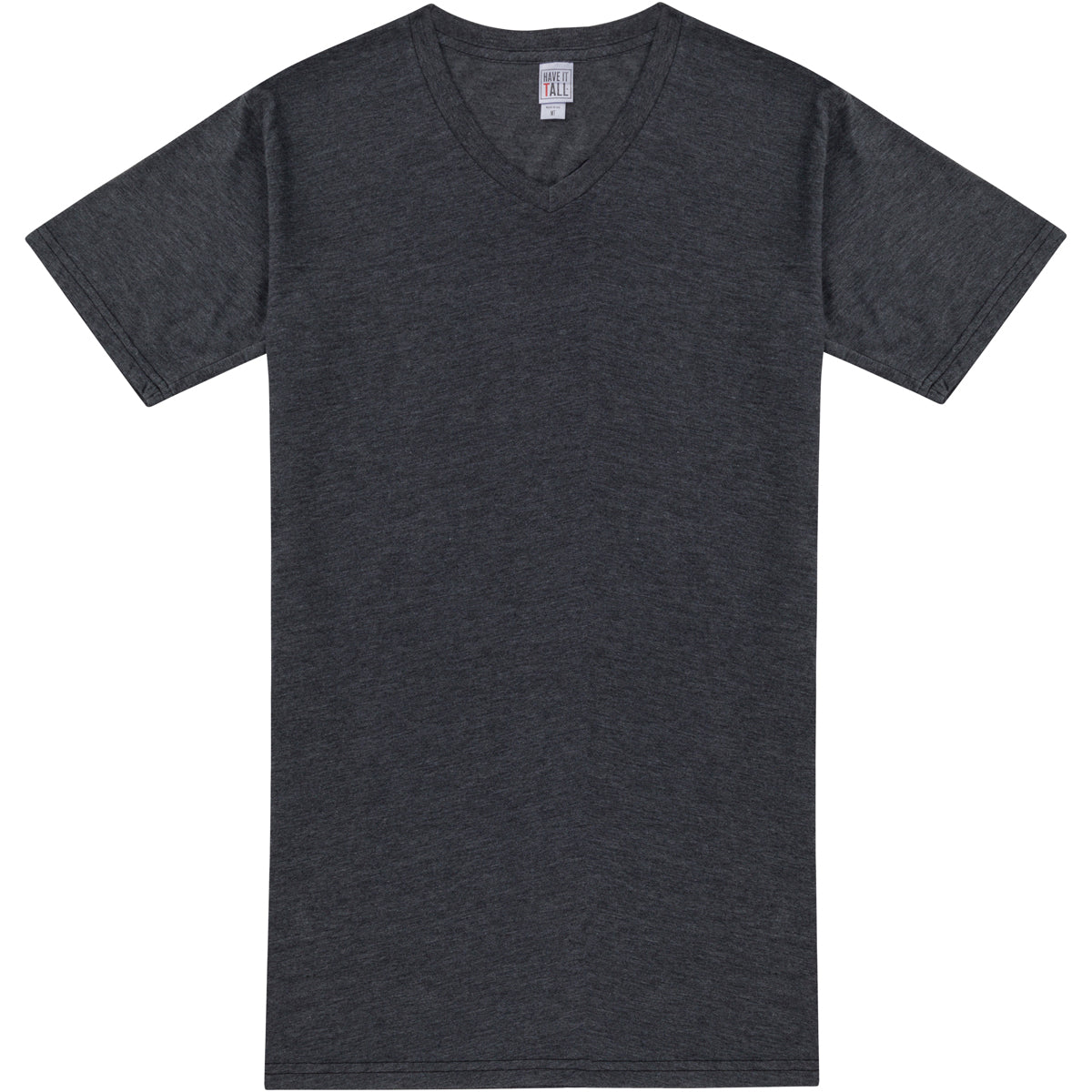 Have It Tall V neck T shirt for men and women in color Heather Charcoal luxury soft Tee against a white background.