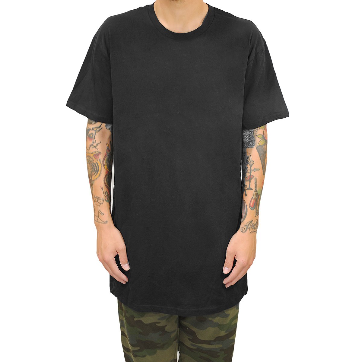 Tall male model 6' 4" wearing a large black Have It Tall Extra Long 100% Cotton Luxury Medium weight mens t-shirt against a white background.