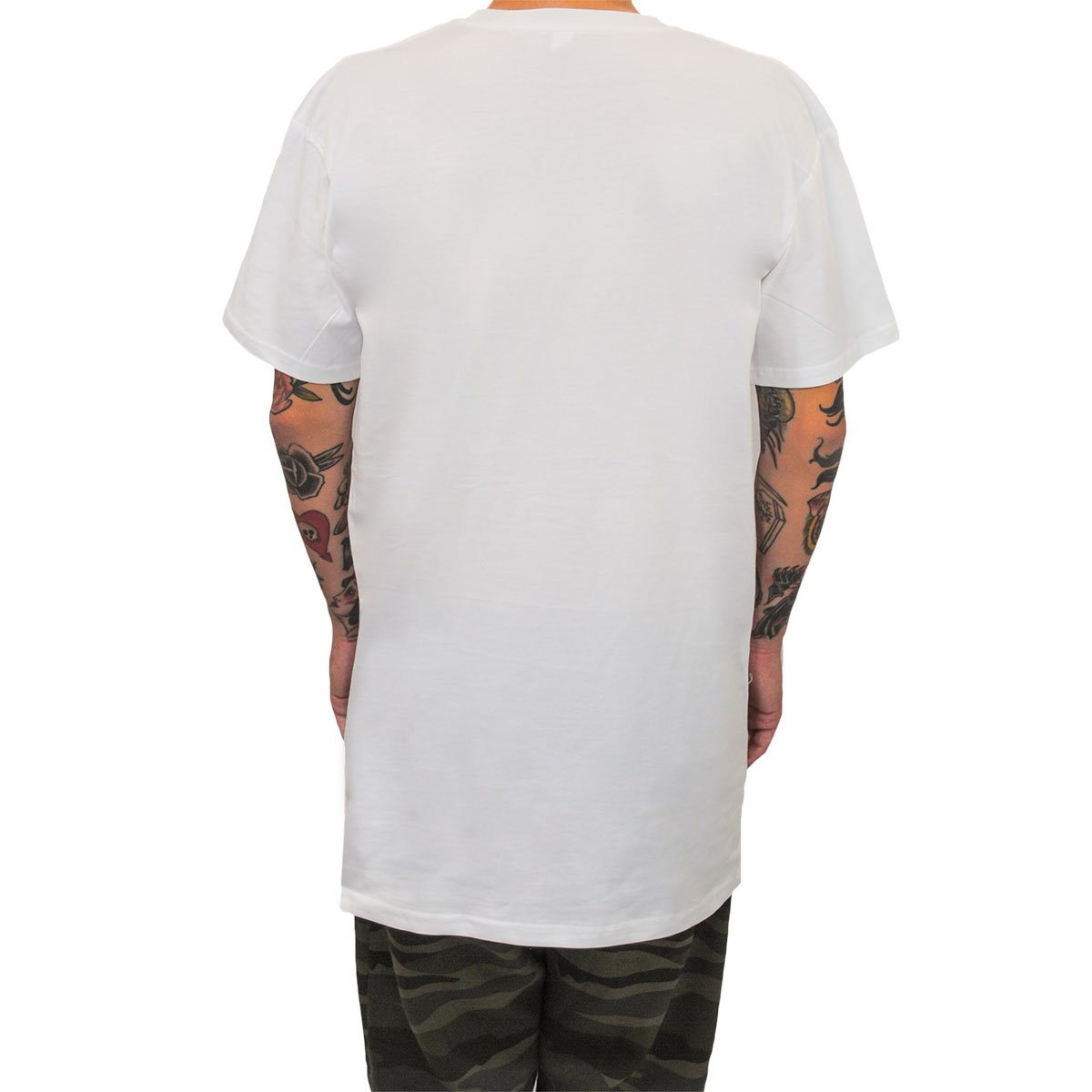 Tall male model 6,4 wearing a large White Have It Tall Extra Long 100% Cotton Luxury Medium weight mens t-shirt showing the back of the shirt against a white background.