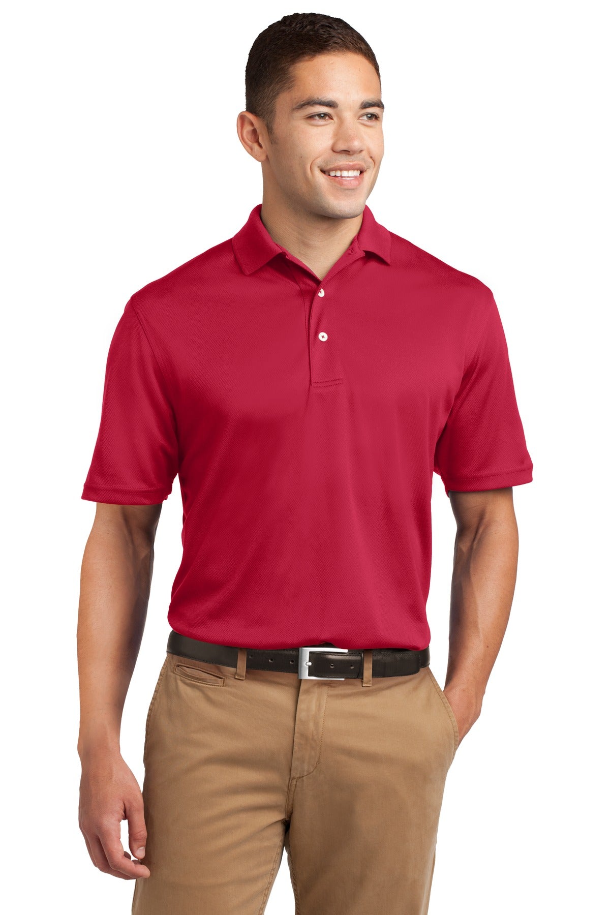 Tall male model 6'4 wearing a medium Sport-Tek Tall Dri-Mesh Polo in color red 100% polyester tee shirt against a white background