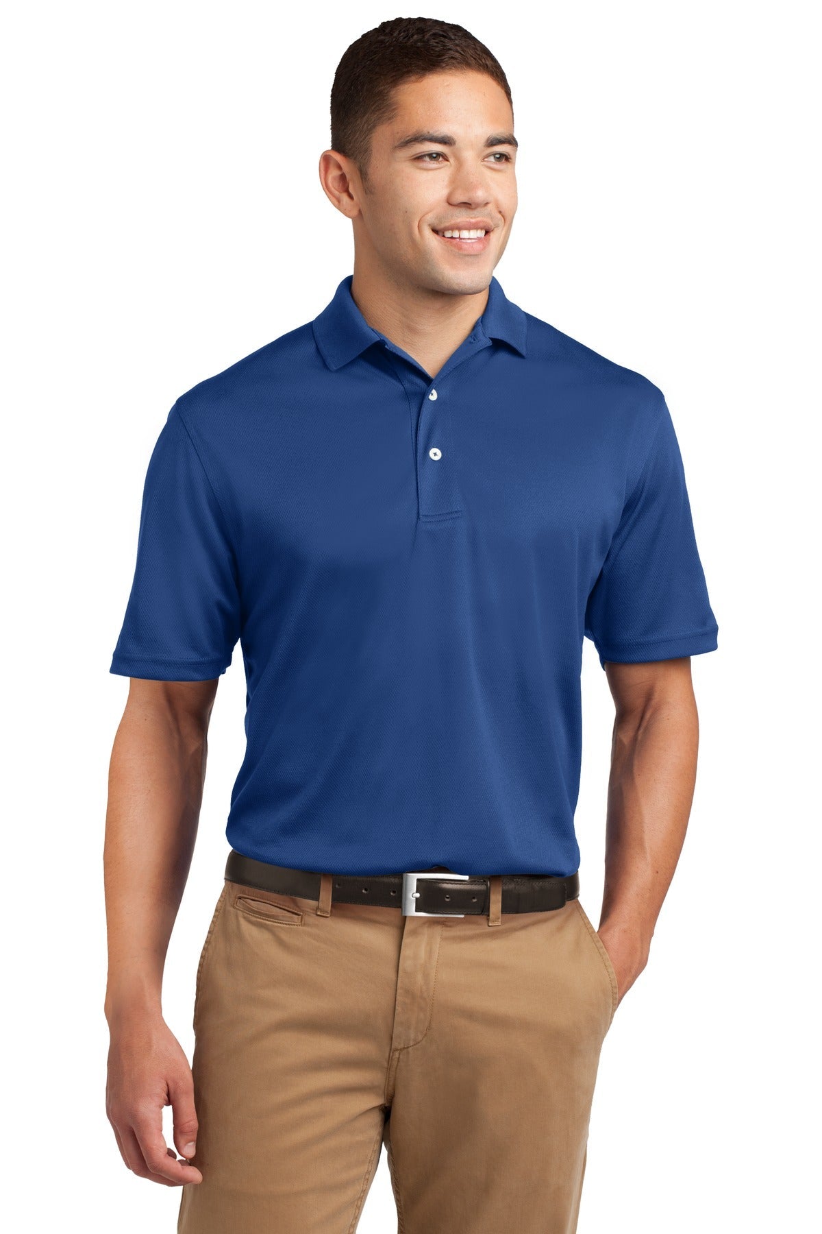 Tall male model 6'4 wearing a medium Sport-Tek Tall Dri-Mesh Polo in color royal 100% polyester tee shirt against a white background