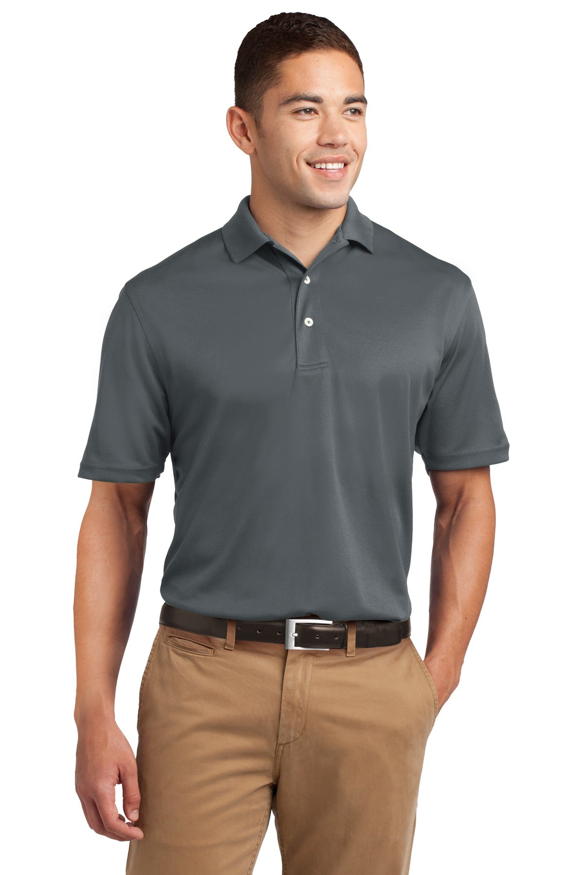 Tall male model 6'4 wearing a medium Sport-Tek Tall Dri-Mesh Polo in color steel 100% polyester tee shirt against a white background