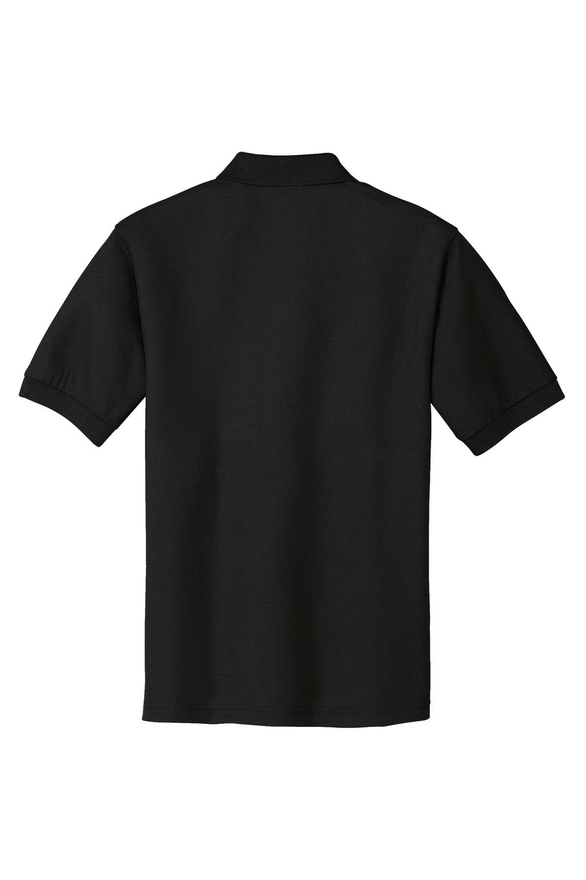 Port Authority Tall Silk Touch Polo in color black with dyed buttons cotton/poly blend showing the back of the shirt against a white background