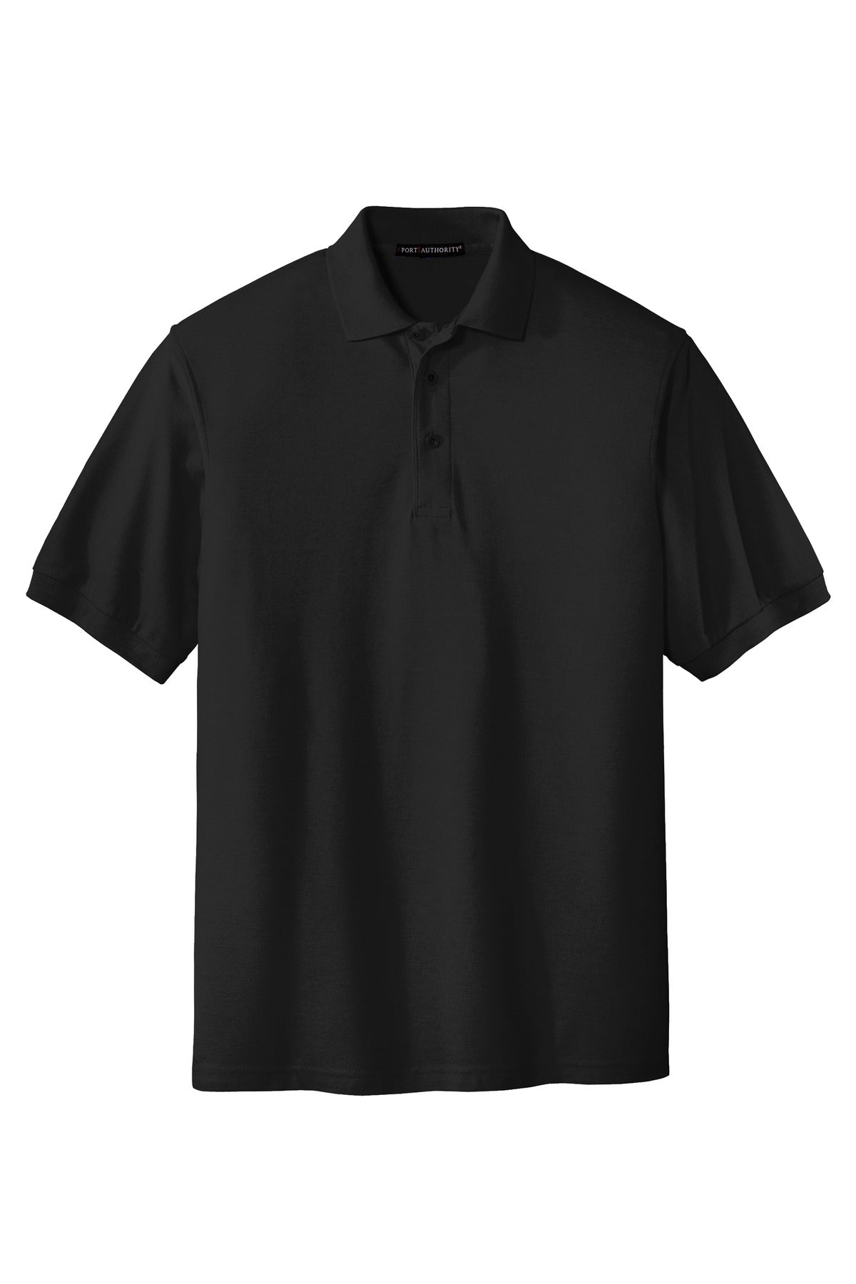 Port Authority Tall Silk Touch Polo in color black with dyed buttons cotton/poly blend against a white background