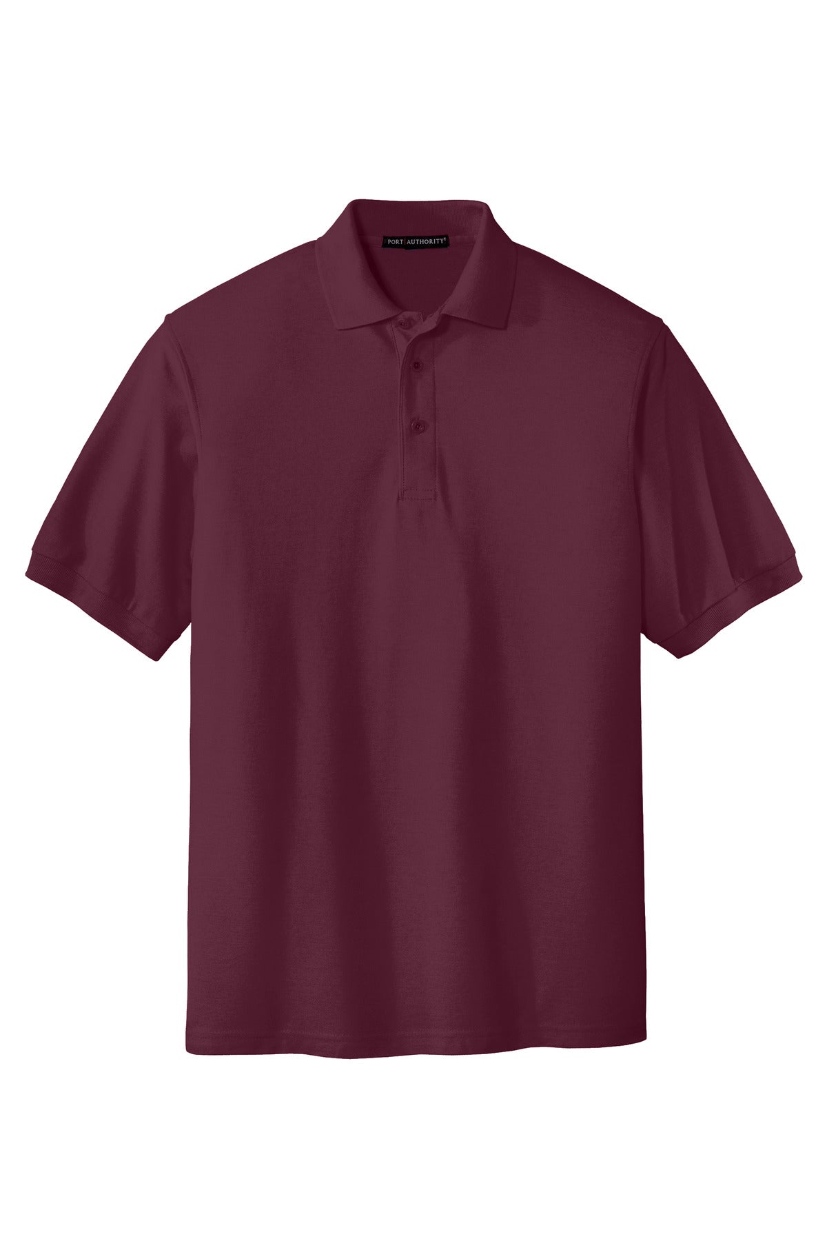 Port Authority Tall Silk Touch Polo in color burgundy with dyed buttons cotton/poly blend against a white background
