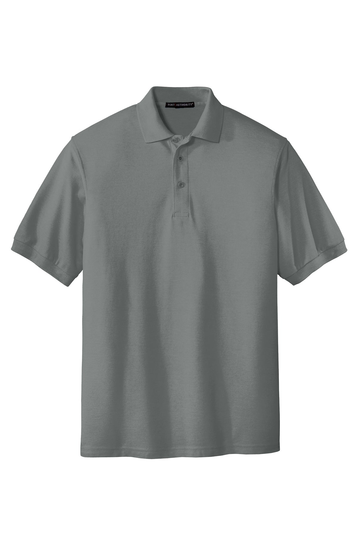 Port Authority Tall Silk Touch Polo in color grey with dyed buttons cotton/poly blend against a white background