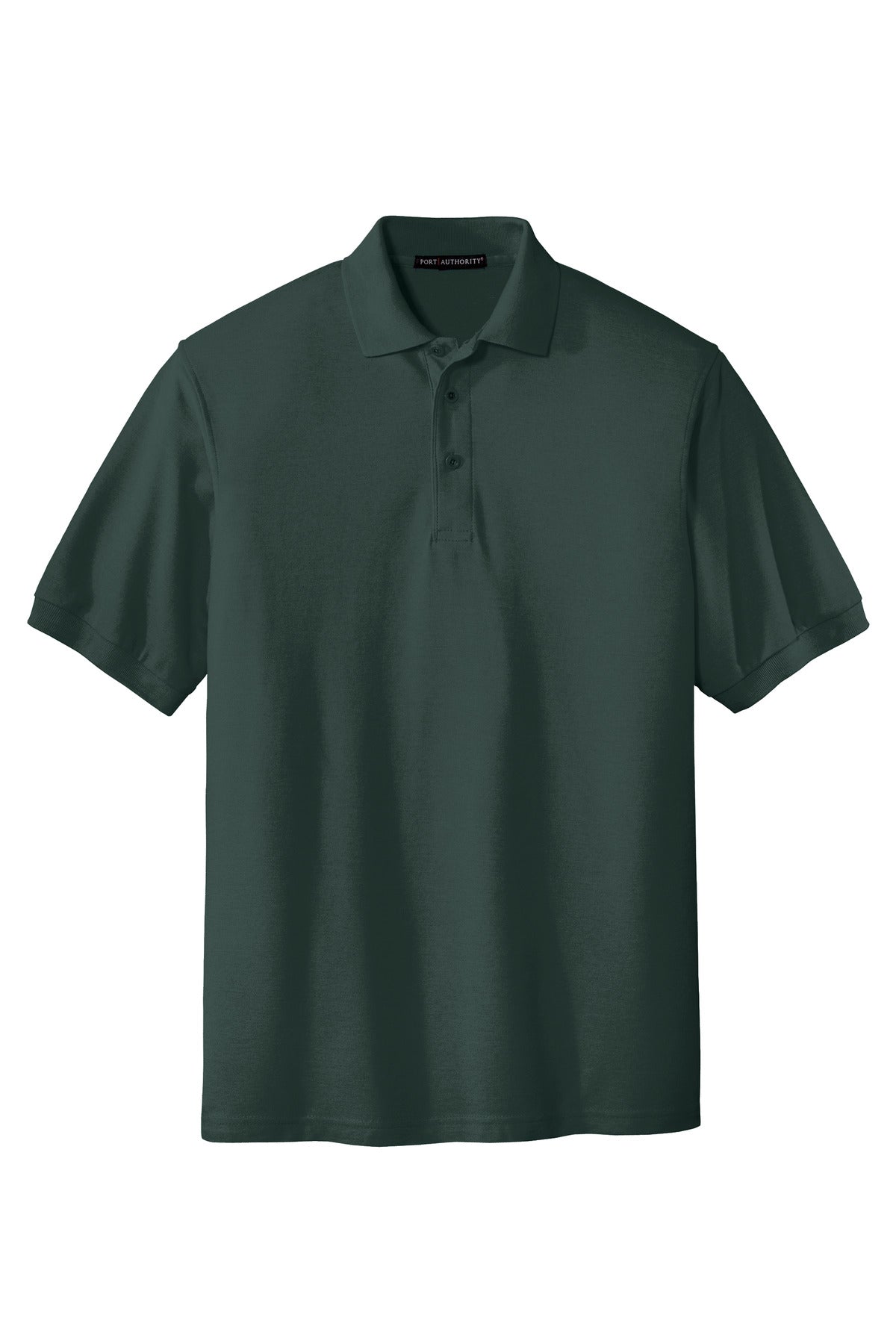 Port Authority Tall Silk Touch Polo in color dark green with dyed buttons cotton/poly blend against a white background