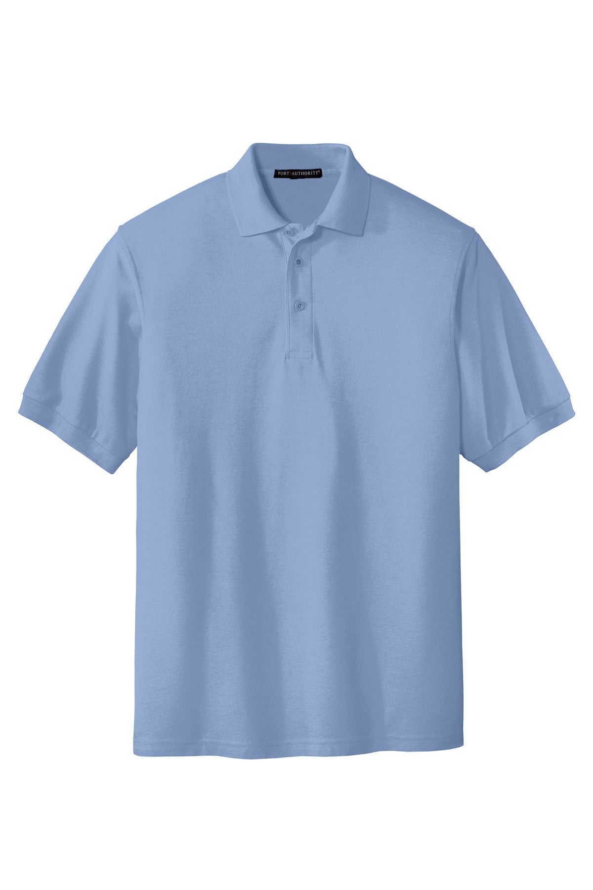 Port Authority Tall Silk Touch Polo in color light blue with dyed buttons cotton/poly blend against a white background