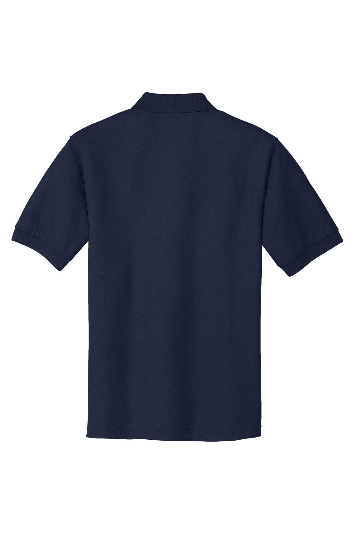 Port Authority Tall Silk Touch Polo in color navy with dyed buttons cotton/poly blend showing the back of the shirt against a white background