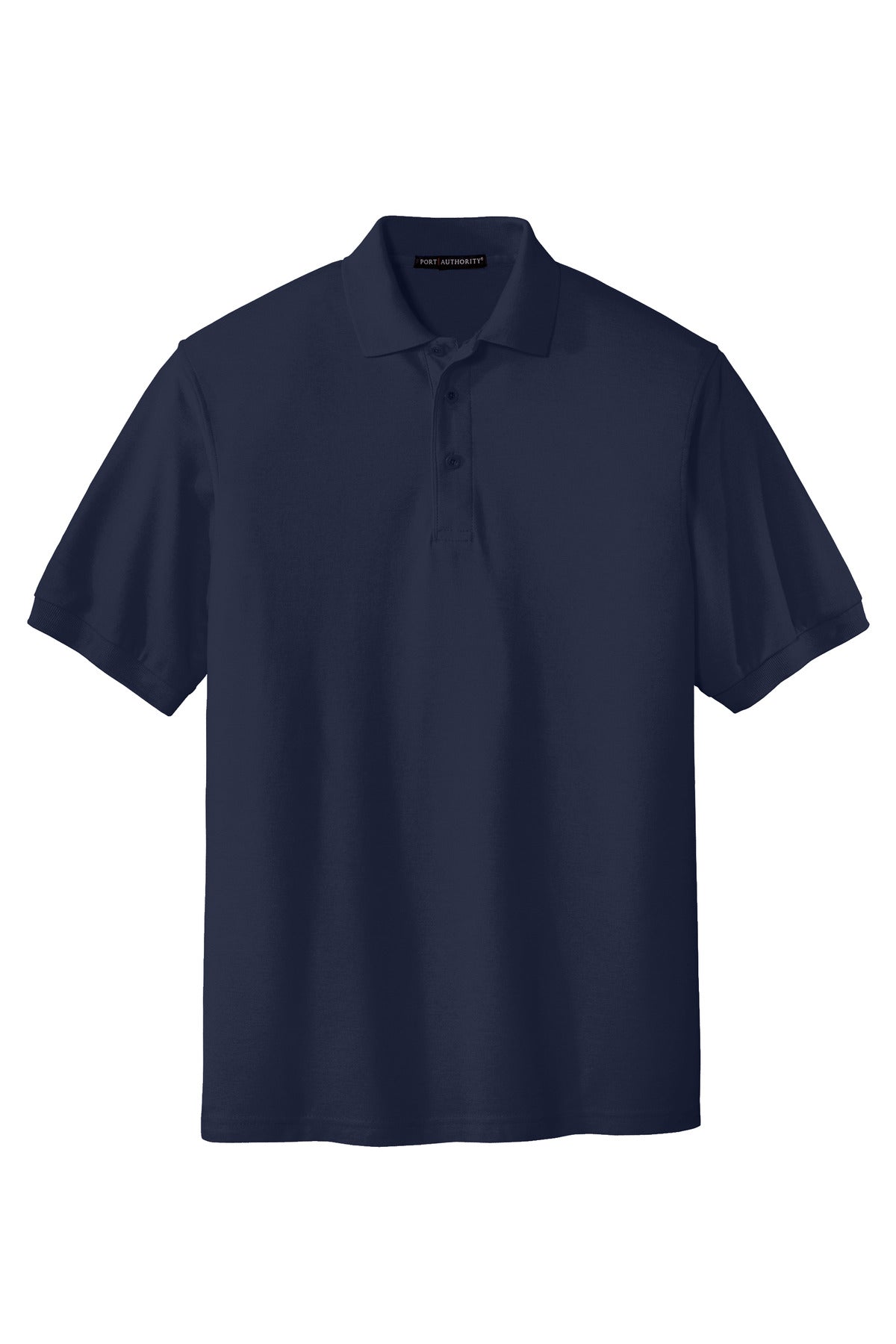 Port Authority Tall Silk Touch Polo in color navy with dyed buttons cotton/poly blend against a white background