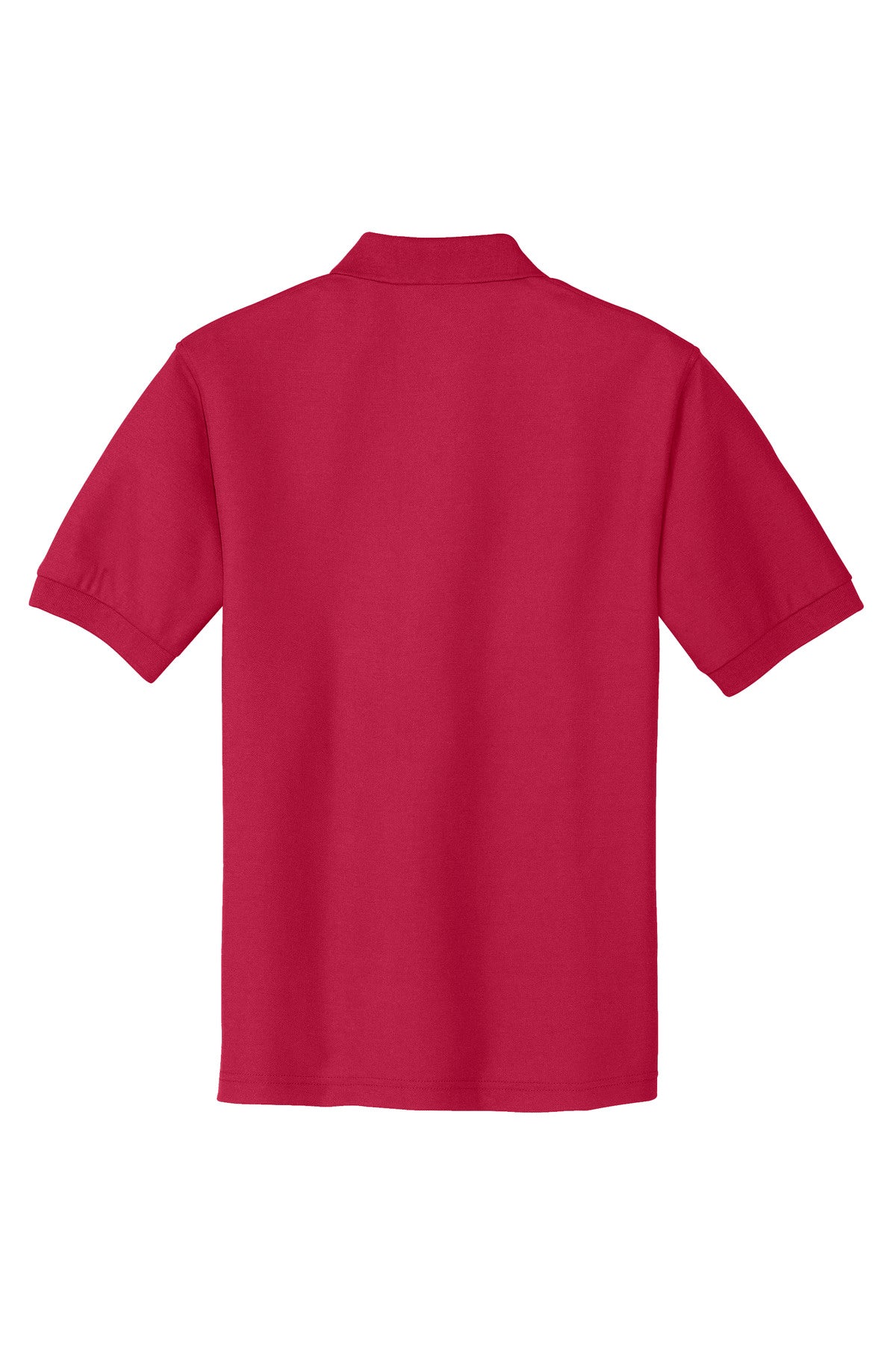 Port Authority Tall Silk Touch Polo in color red with dyed buttons cotton/poly blend showing the back of the shirt against a white background