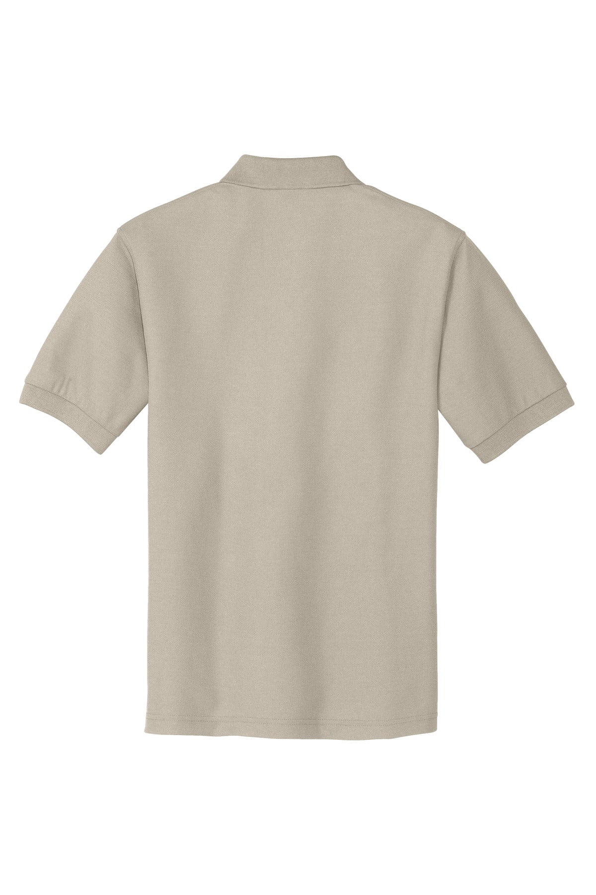 Port Authority Tall Silk Touch Polo in color stone with dyed buttons cotton/poly blend showing the back of the shirt against a white background