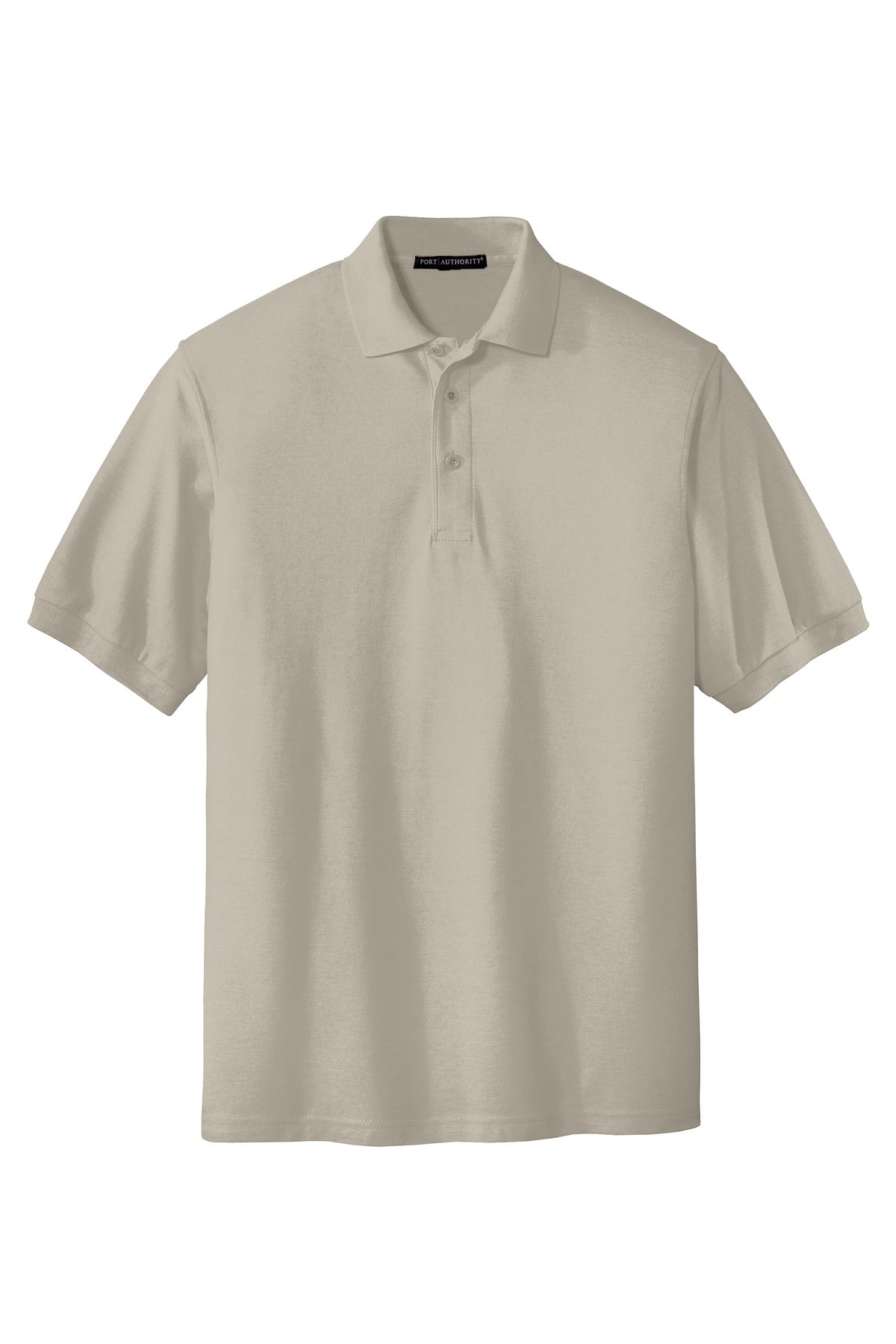 Port Authority Tall Silk Touch Polo in color stone with dyed buttons cotton/poly blend against a white background