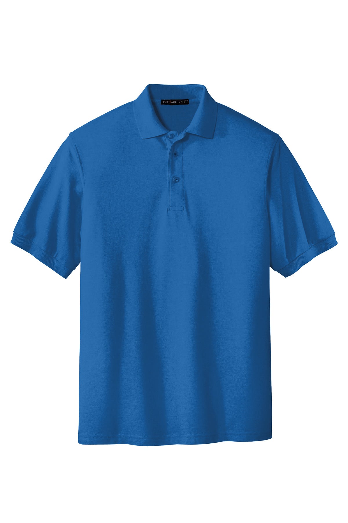 Port Authority Tall Silk Touch Polo in color strong blue with dyed buttons cotton/poly blend against a white background