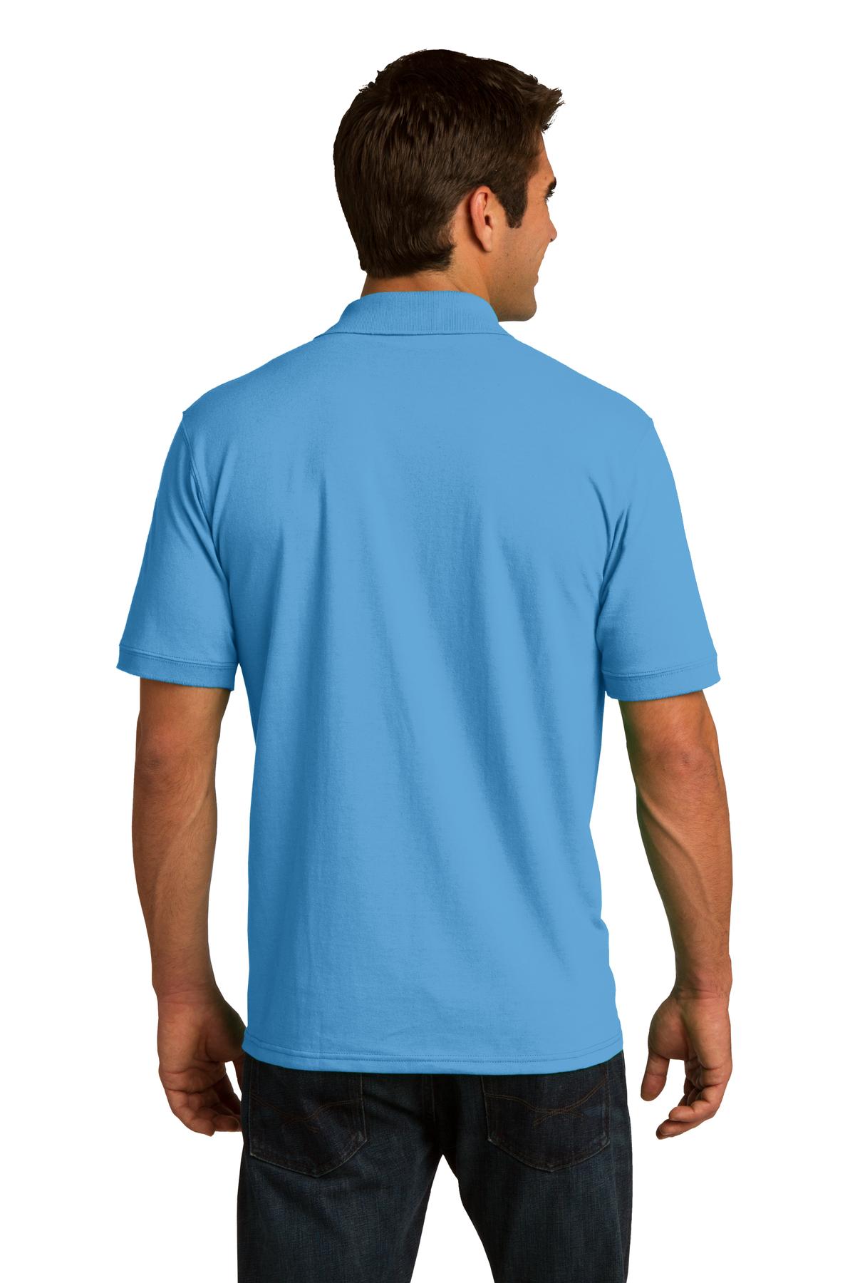 tall male model 6,4 wearing an aquatic blue medium port company polo t shirt with dyed to match buttons showing the back of the shirt against a white background