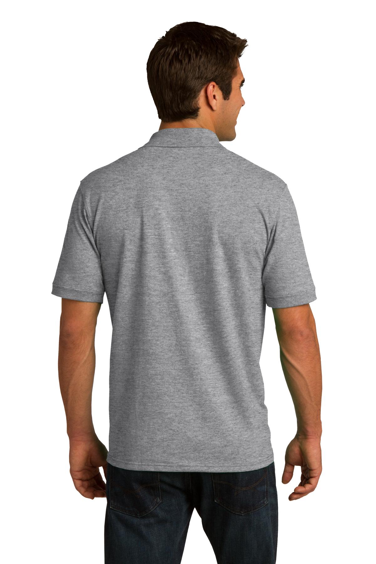 tall male model 6,4 wearing an athletic heather medium port company polo t shirt with dyed to match buttons showing the back of the shirt against a white background