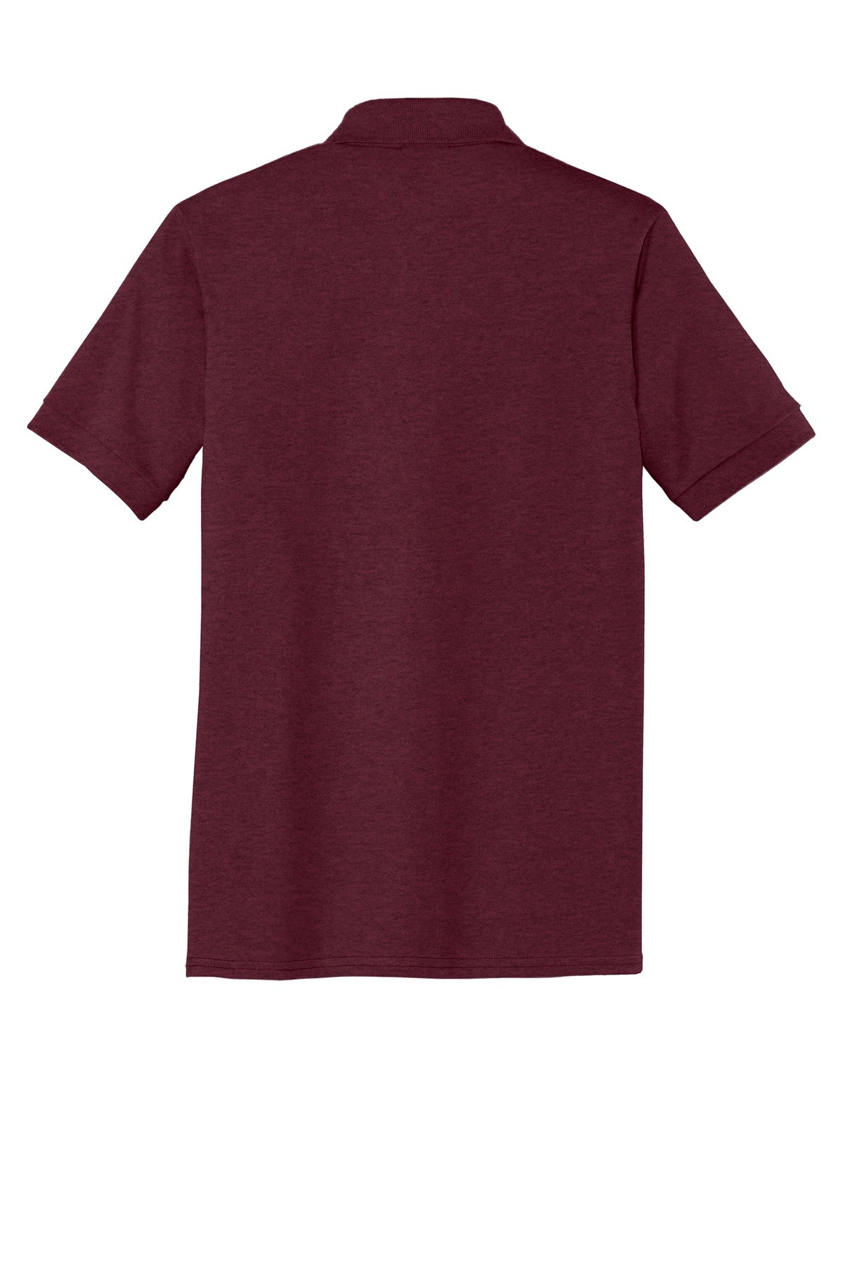 Port Company athletic maroon polo t shirt 50/50 poly cotton blend tee with dyed to match buttons showing the back of the shirt against a white background