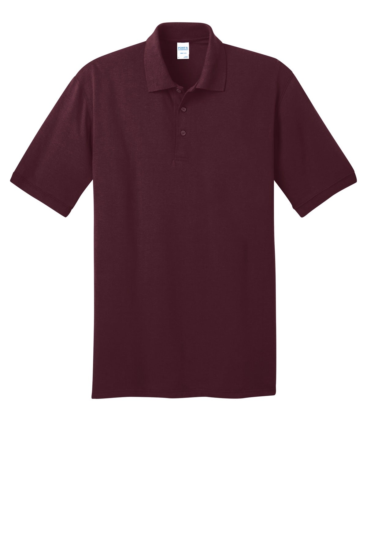 Port Company athletic maroon polo t shirt 50/50 poly cotton blend tee with dyed to match buttons against a white background