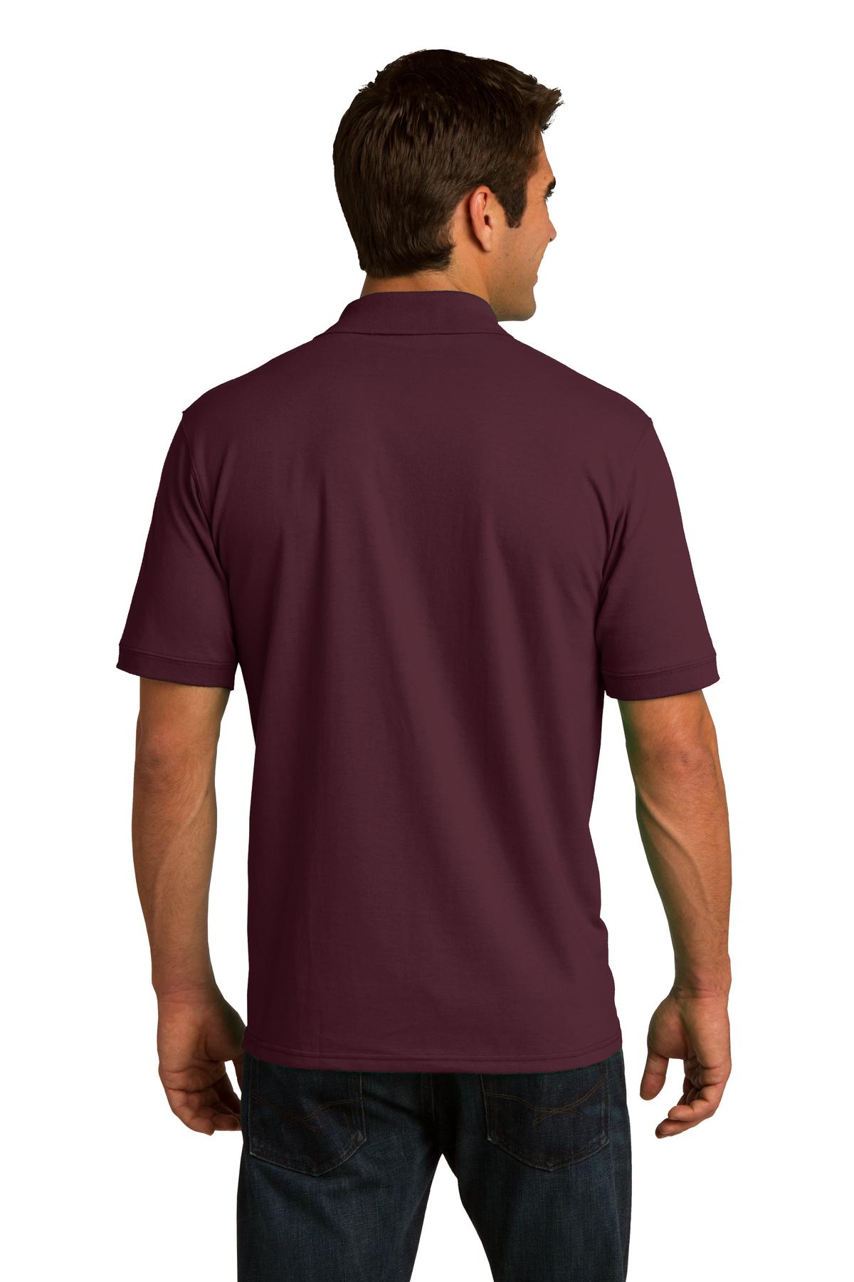tall male model 6,4 wearing an athletic maroon medium port company polo t shirt with dyed to match buttons against a white background