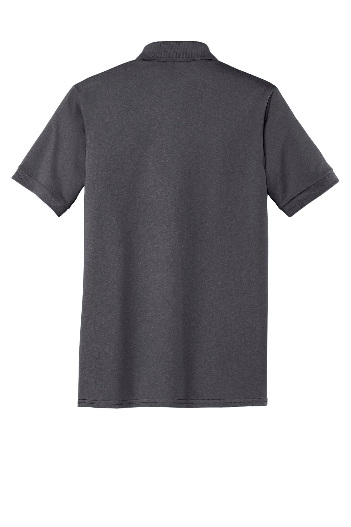 Port Company charcoal polo t shirt 50/50 poly cotton blend tee with dyed to match buttons showing the back of the shirt against a white background