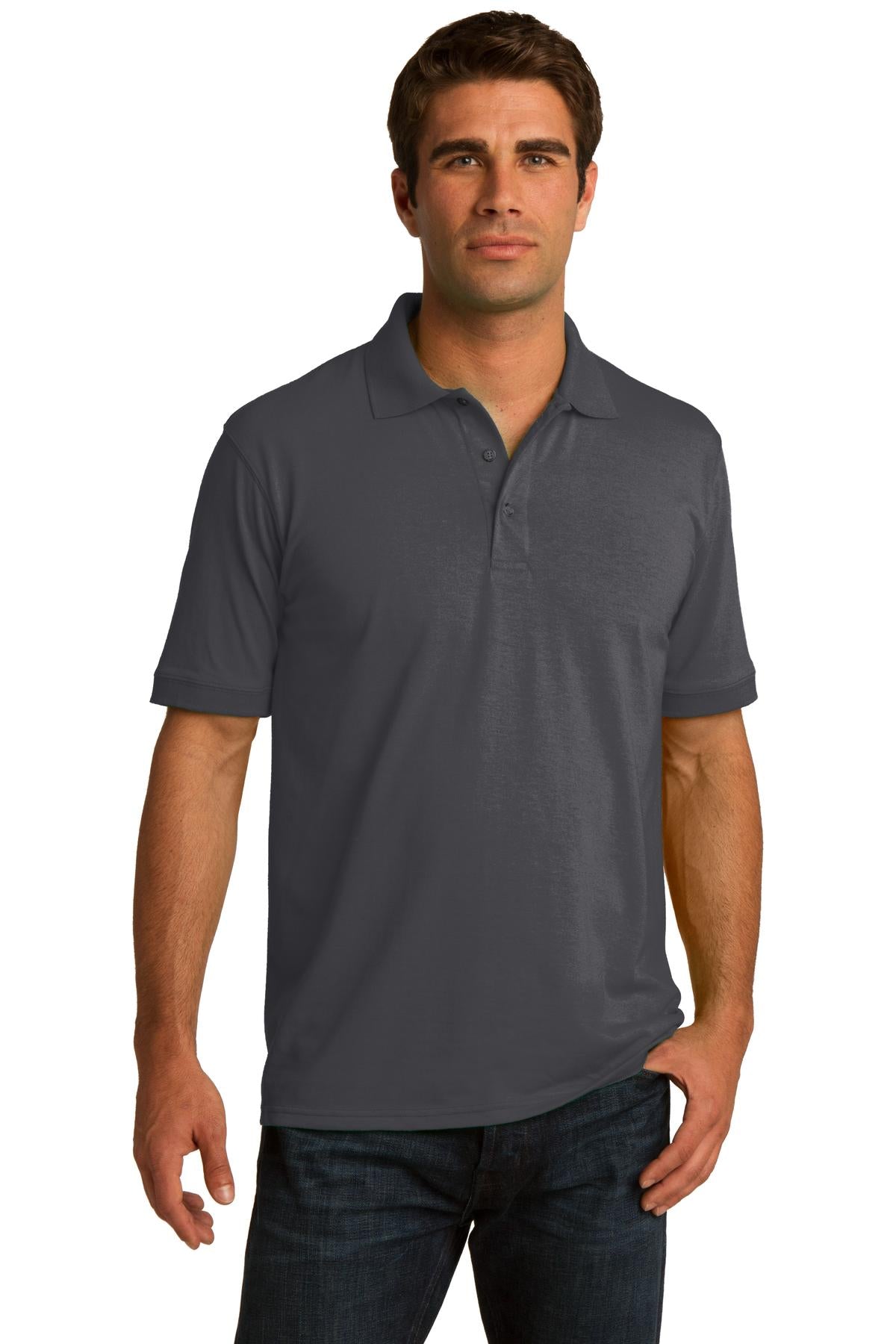 tall male model 6,4 wearing a charcoal medium port company polo t shirt with dyed to match buttons against a white background