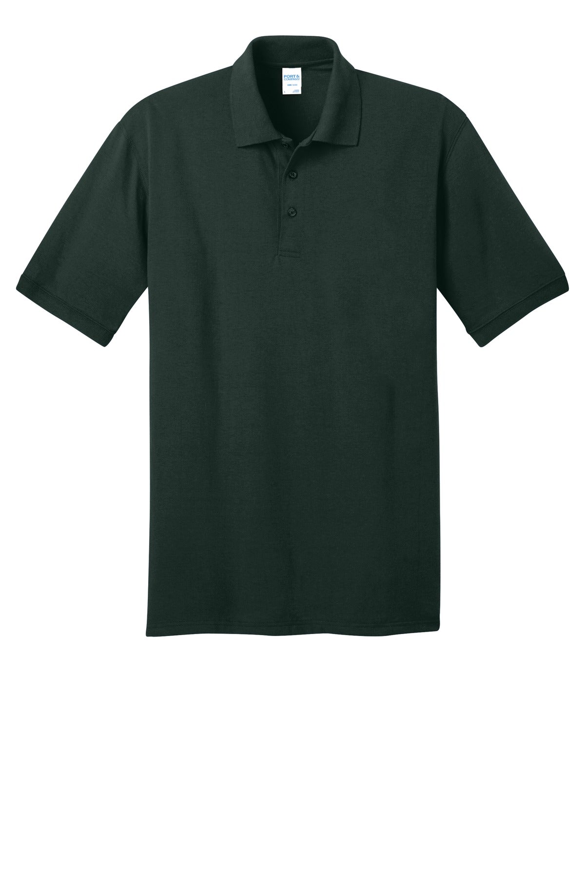 Port Company dark green polo t shirt 50/50 poly cotton blend tee with dyed to match buttons against a white background