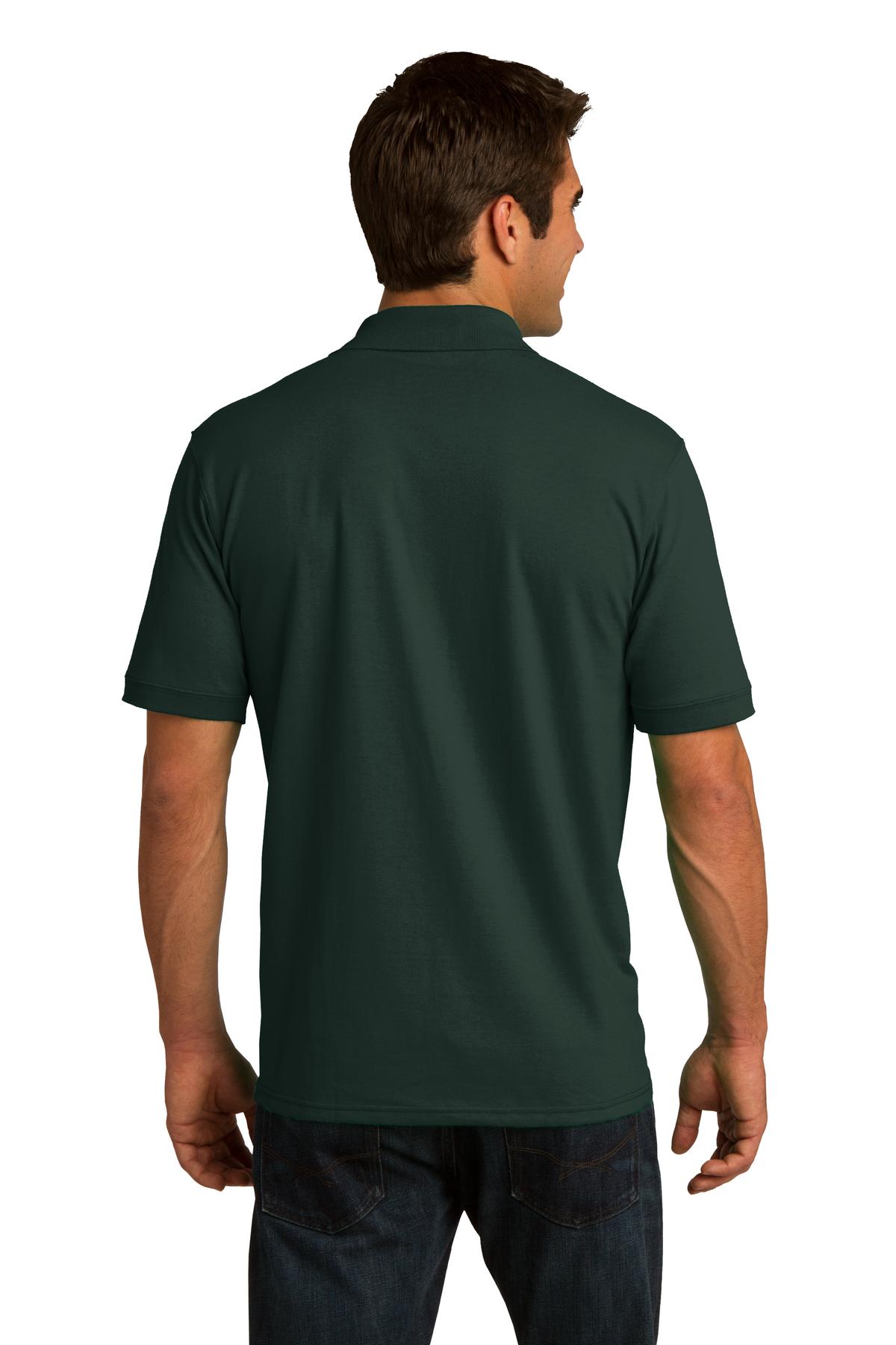 tall male model 6,4 wearing a dark green medium port company polo t shirt with dyed to match buttons showing the back of the shirt against a white background