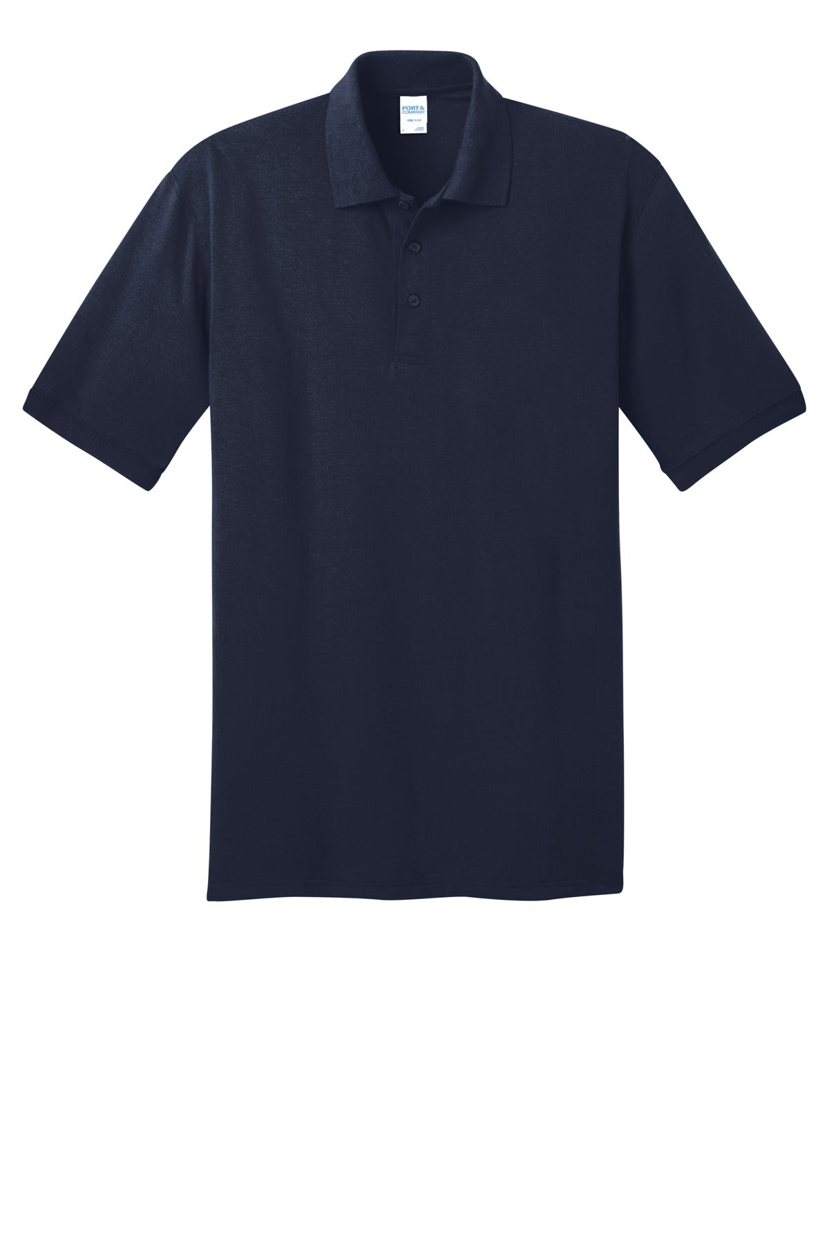 Port Company deep navy polo t shirt 50/50 poly cotton blend tee with dyed to match buttons against a white background