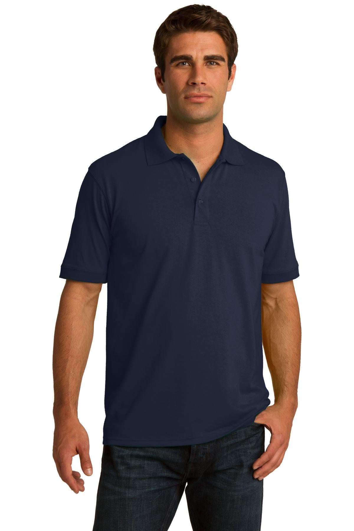 tall male model 6,4 wearing a deep navy medium port company polo t shirt with dyed to match buttons against a white background